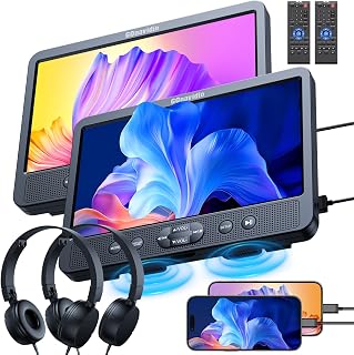 GOnavidio 10.1" Dual Headrest Car DVD Players with HDMI Input, Region-Free Playback, USB/SD, Headphones & Brackets - Sync or Dual Movies