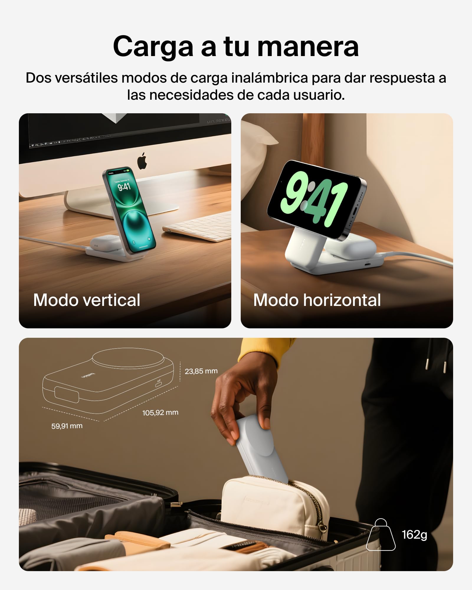 Belkin UltraCharge Cargador Inalámbrico Qi2, 2 en 1 Cargador Magnético Compatible con MagSafe con Puerto USB-C, 25W para iPhone 17, iPhone Air, AirPods, Pixelsnap con Adaptador de 45W - Blanco