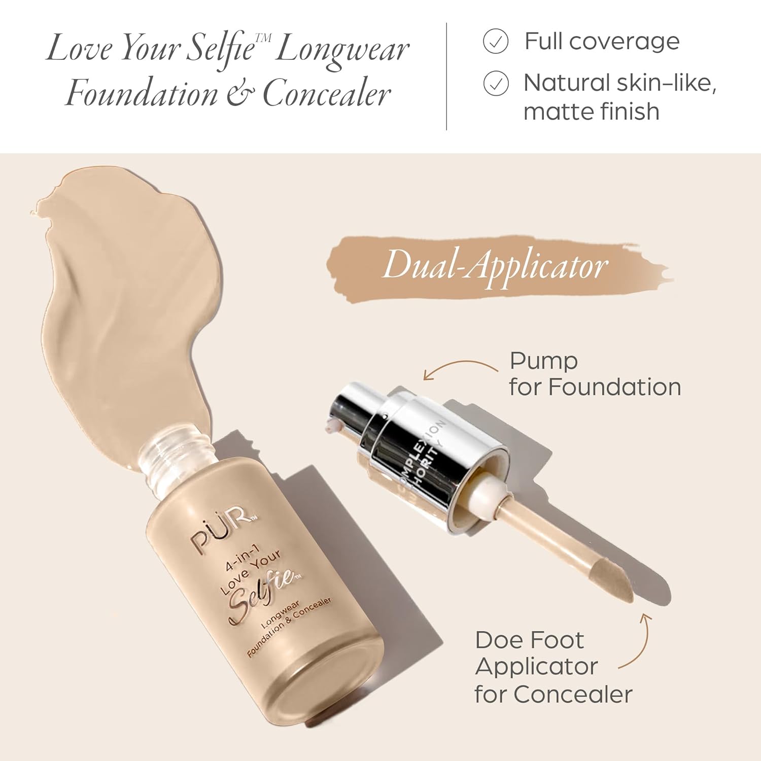 PÜR MINERALS 4-in-1 Love Your Selfie Longwear Foundation & Concealer Full Coverage Liquid Foundation, Hydrating Formula, Cruelty Free