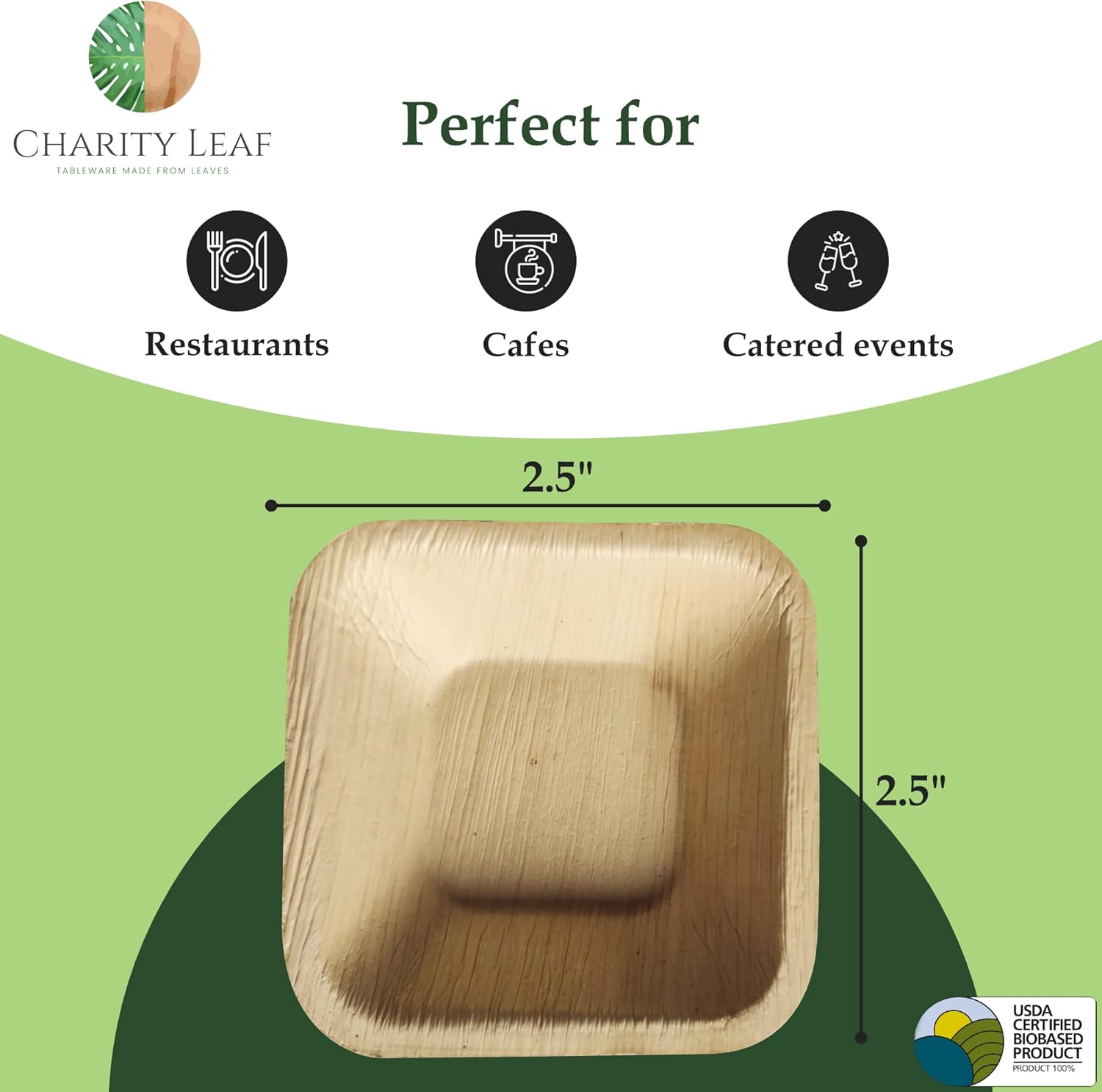 Charity Leaf Disposable Palm Leaf 2.5" Square Mini Bowl (100 pcs) Dipping Bowls | Bamboo Like| All Natural and Biodegradable | Charcuterie Boards, BBQs, and Parties