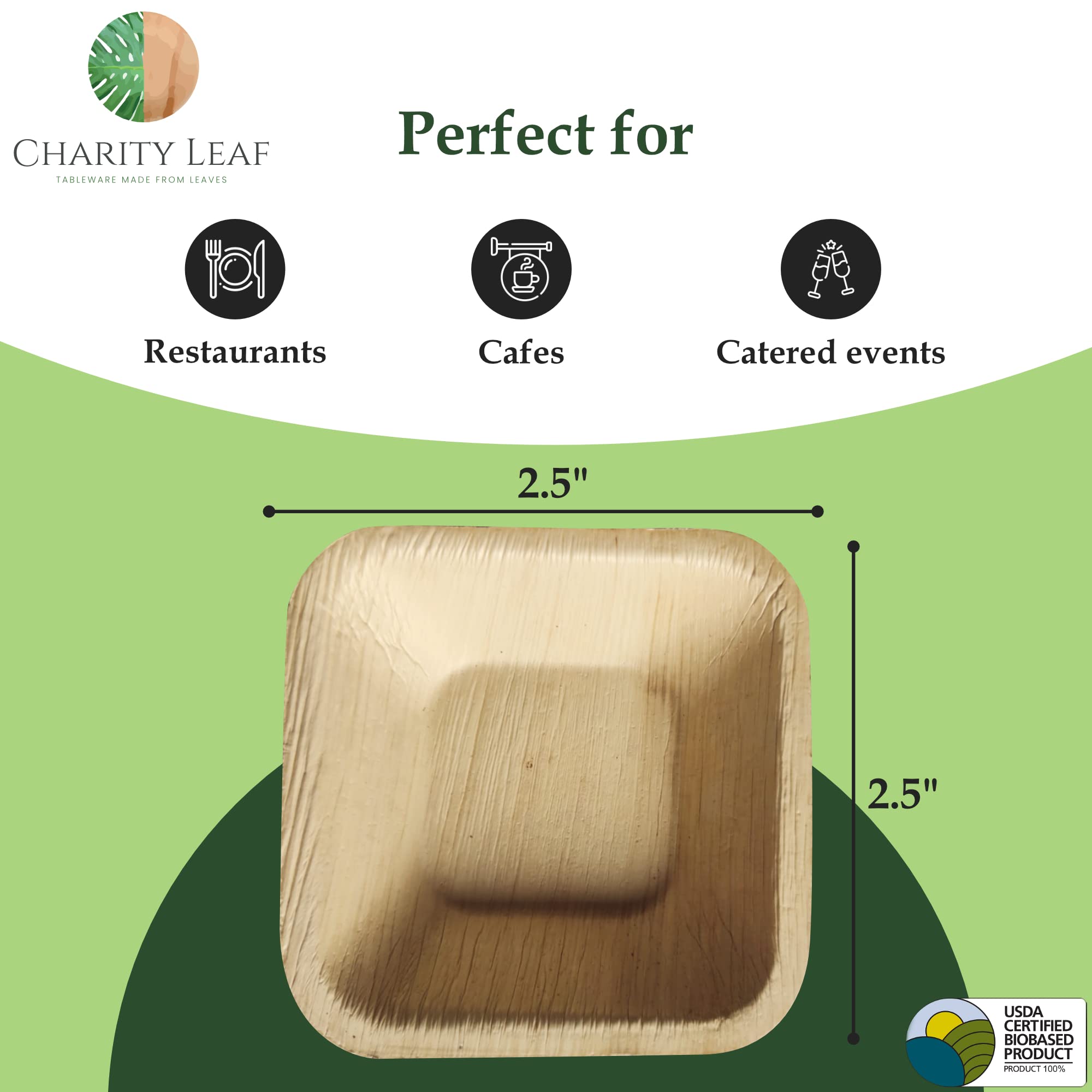 Charity Leaf Bandejas desechables de hoja de palma de 2.5 pulgadas (25 piezas) de bambú, tablas desechables, vajilla ecológica para bodas, catering, eventos