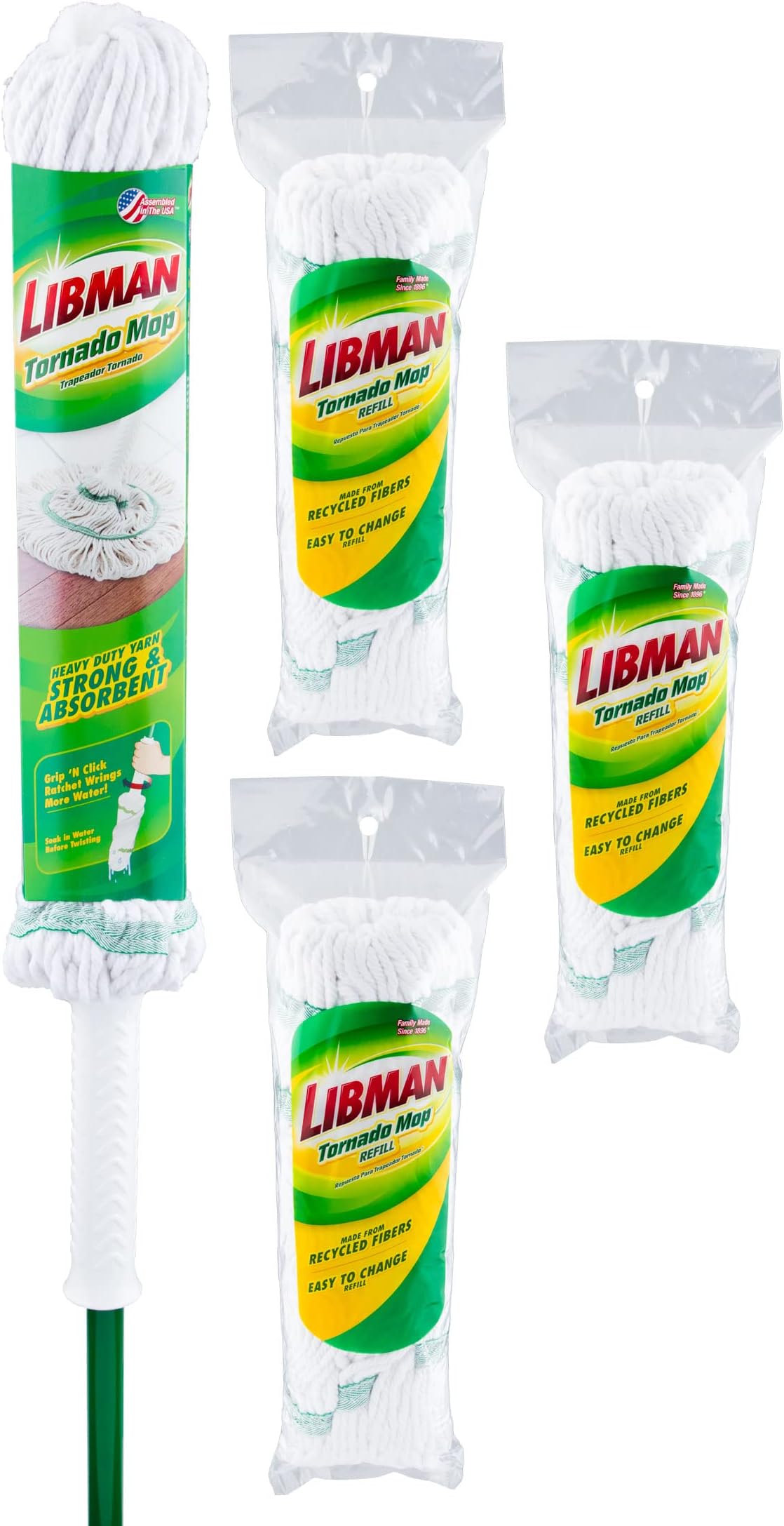 Libman Tornado Mop & Three Refills | Self Wringing Mop | Cotton Mop Head | Twist Mop | Twist Mop Head Replacement | Machine Washable | 4 Total Self Wring Mop Heads