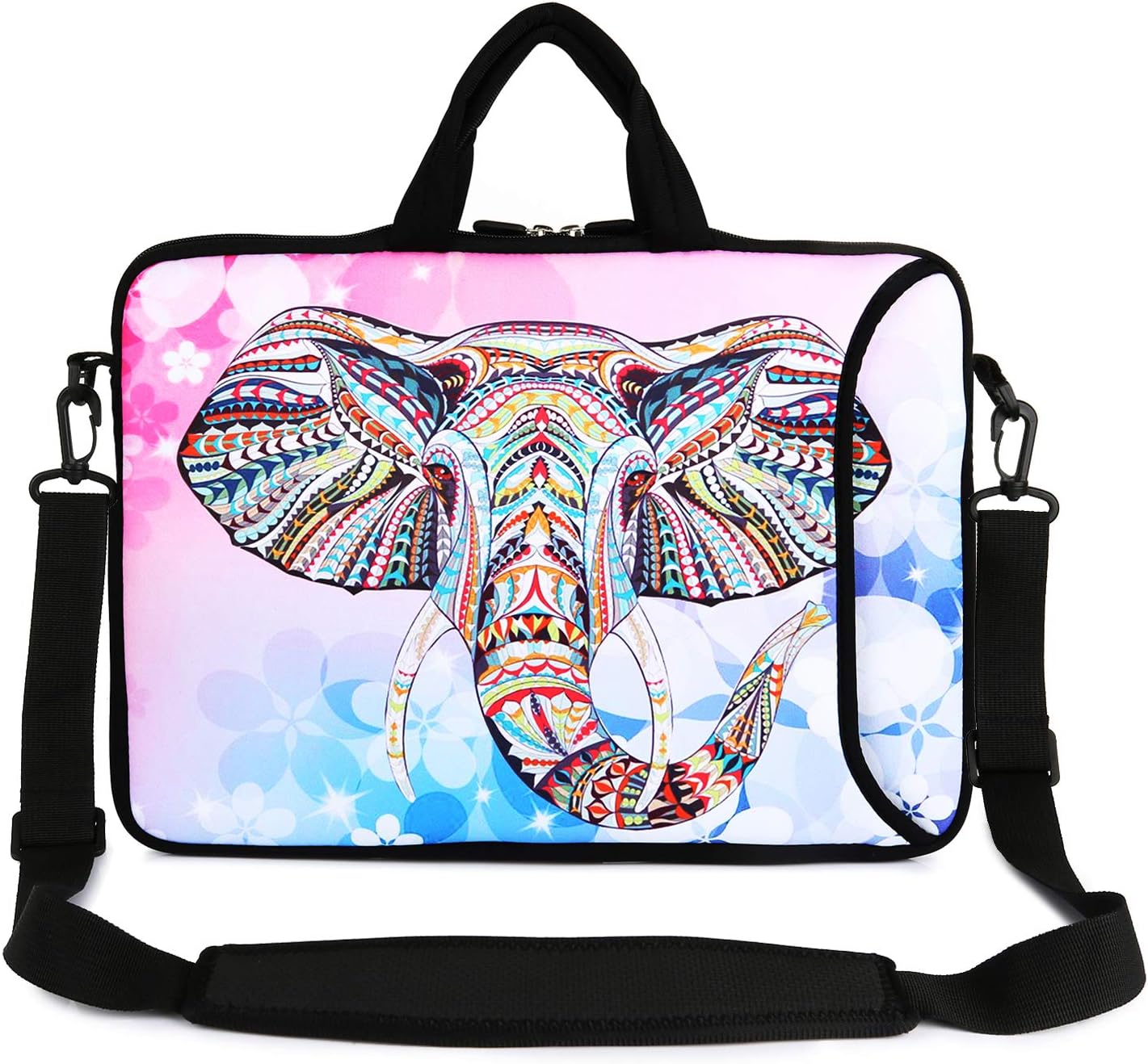 Violet Mist 14 Inch Laptop Shoulder Bag Carrying Case Laptop Sleeve 15 15.4 15.6 Inch Computer Messenger Bag Neoprene Zipper Waterproof Protective Tablet Handbag Handle Strap, Boho Elephant