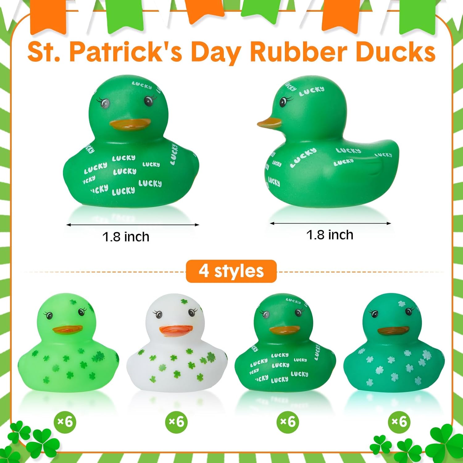 24 Pcs 2 inch St. Patrick's Day Rubber Ducks Bulk Green Shamrock Rubber Duckies Mini Rubber Ducks Novelty Rubber Duckies for Irish St. Patrick's Day Decor Party Favor Goodies Bag