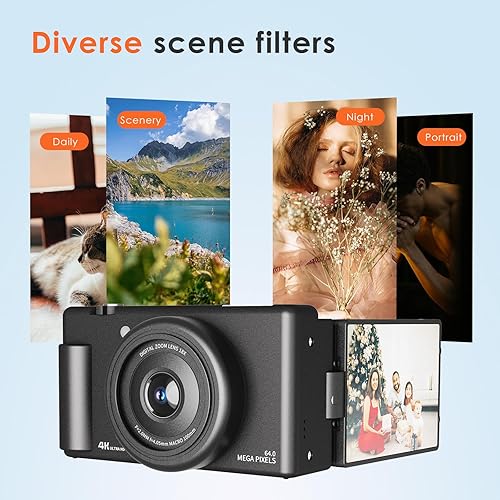 Miniatura 5 de Cámara digital 4K para fotografía de 64 megapíxeles, cámara de vlogging para video de YouTube, pantalla giratoria de 2.8'' y 270°, cámaras de viaje,