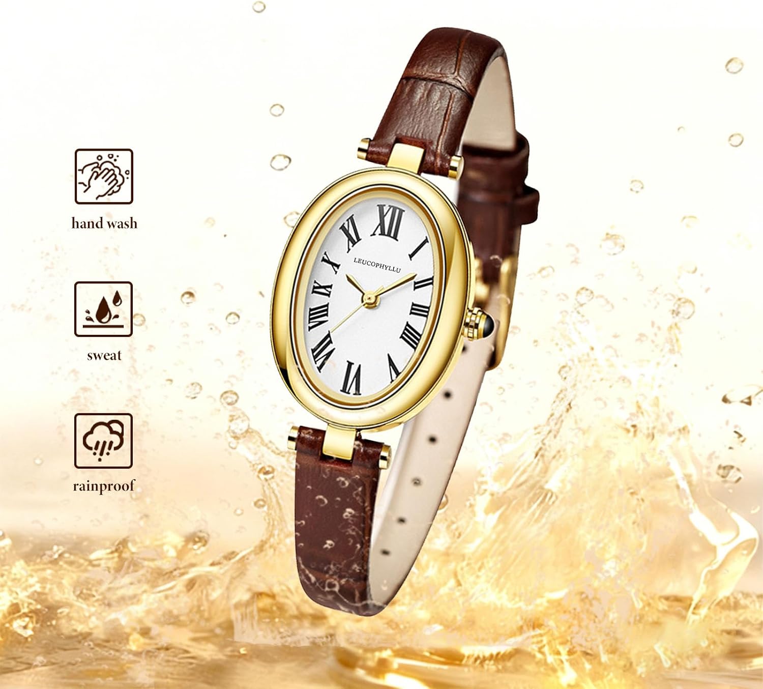 Womens Fashion Small Gold Oval Quartz Watches Vintage Leather Band Waterproof Luxury Casual Ladies Bracelet Wrist Watch