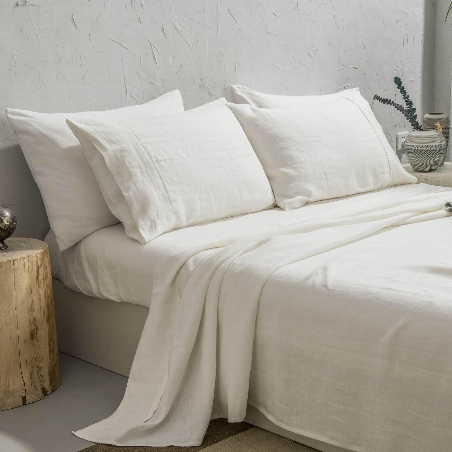 meadow park 100% Washed French Linen Sheet Set-California King Size-Ivory Linen-4 Pieces (1 Flat Sheet, 1 Fitted Sheet & 2 Pillowcases), 16" Deep Pocket, Breathable,Ultra Soft and Durable