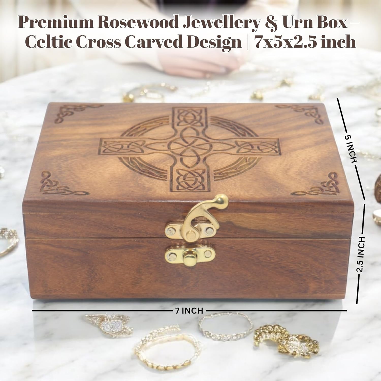 Celtic Cross Wooden Jewelry Box, Rosewood Handmade Engraved Christian Keepsake Storage Chest for Women & Men, Religious Gift Box, Vintage Wooden Treasure Organizer for Jewelry & Decor