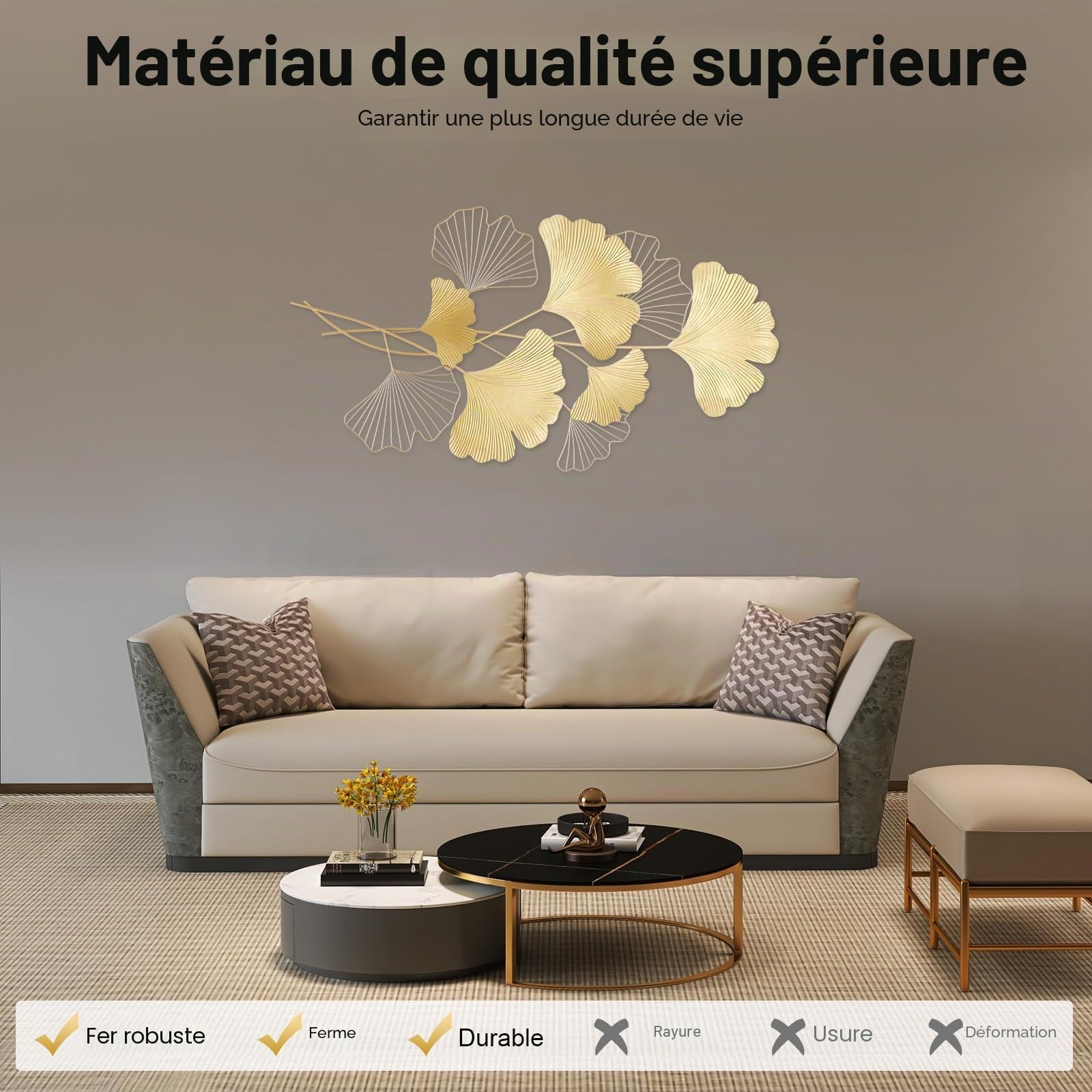XUEMANSHOP Décoration murale en métal Gingko 55X110cm, Décoration murale pour le salon 3D Deko Or pour maisons résidentielles, modèles de villas, restaurants d'hôtel, établissements publics