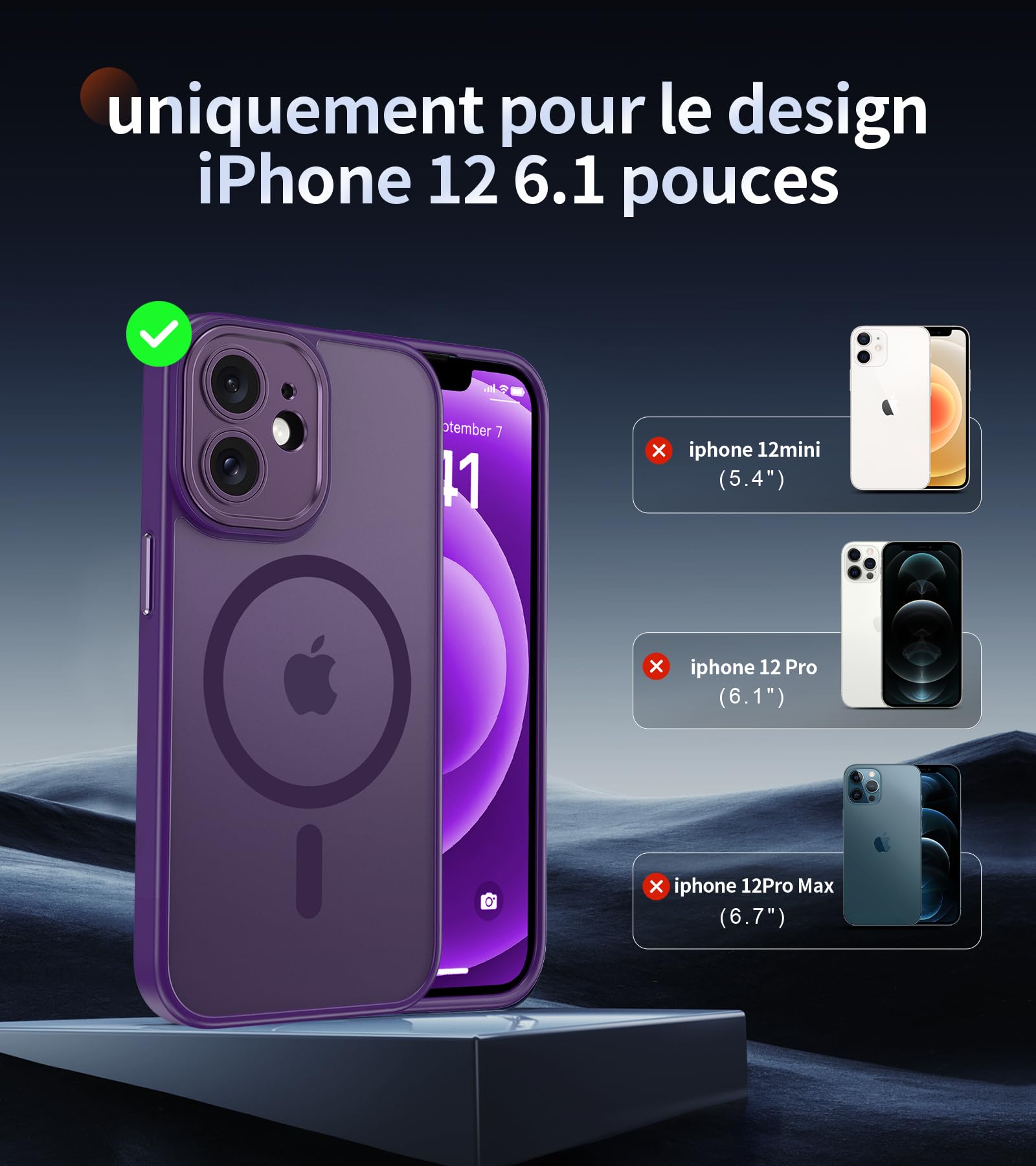 FLLAO Cover Magnetica per iPhone 12 Custodia e 2 Pellicole in Vetro Temperato, Cover iPhone 12 Compatibile con Magsafe, Traslucida Opaca Posteriore Sottile Antiurto Protettiva Case, Viola Scuro