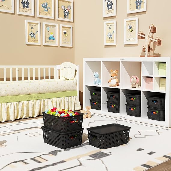 ORGIDOL Plastic Storage Basket with Lids 12 Pack Stackable Black Storage Bins Containers with Lid, Decorative Storage Boxes for Organizing Shelves, Drawers, Playroom, Classroom, Office, Closet