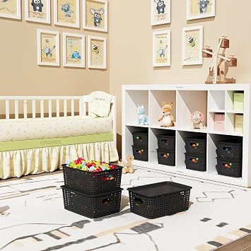 ORGIDOL Plastic Storage Basket with Lids 12 Pack Stackable Black Storage Bins Containers with Lid, Decorative Storage Boxes for Organizing Shelves, Drawers, Playroom, Classroom, Office, Closet