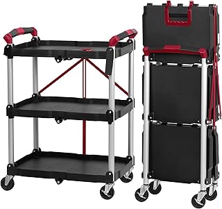 Mahlzeit Carrinho de serviço com rodas dobrável, 64 x 40,5 x 82 cm, capacidade até 150 kg, cor vermelho/preto | estante dobrável de 3 andares, carrinho auxiliar multiusos restaurantes, armazém, casa