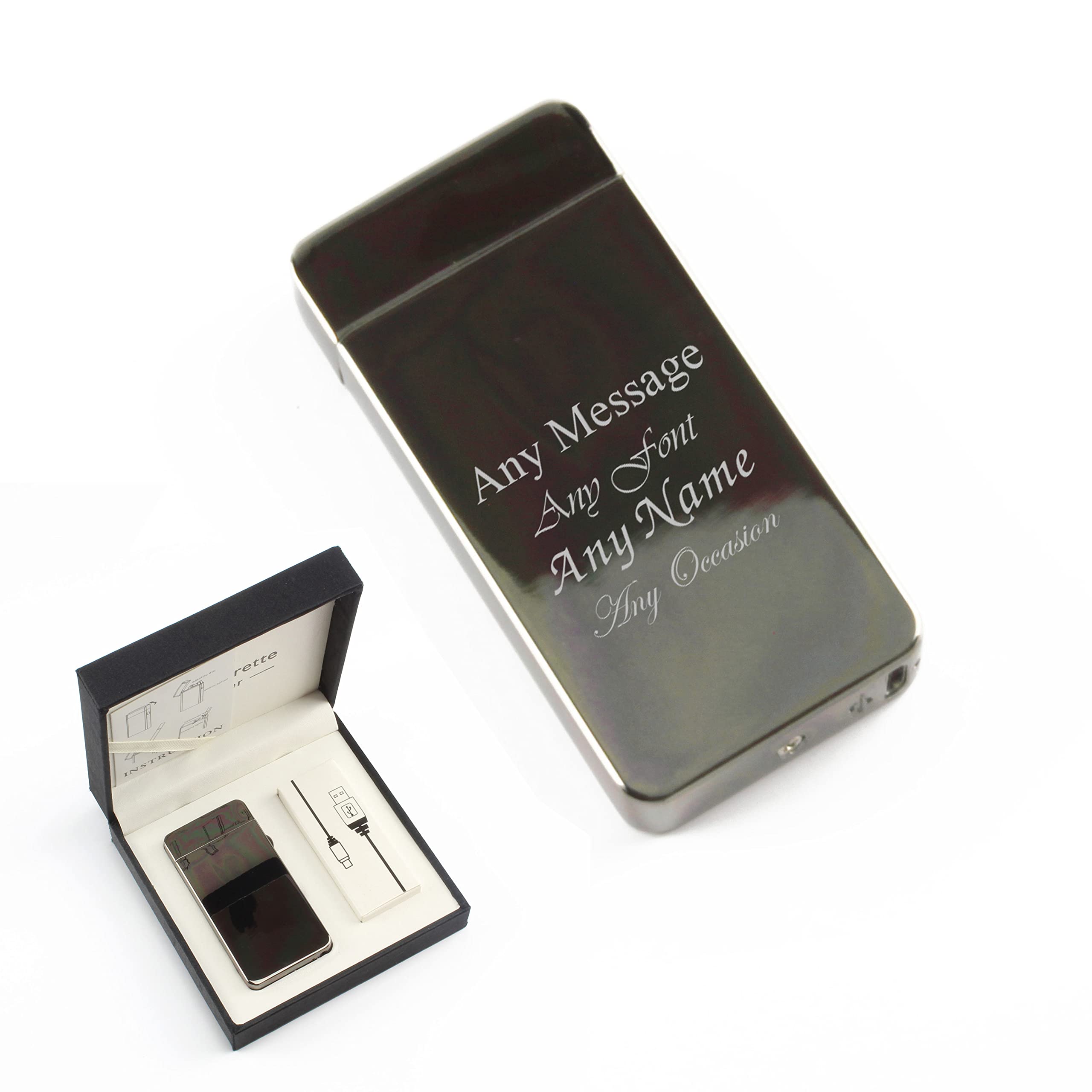 Personalised Engraved Reflective Black Electric Lighter, Arc Lighter, Comes with Presentation Box, USB Rechargeable, Any Message Design, Gift for Him, Engraved in The UK