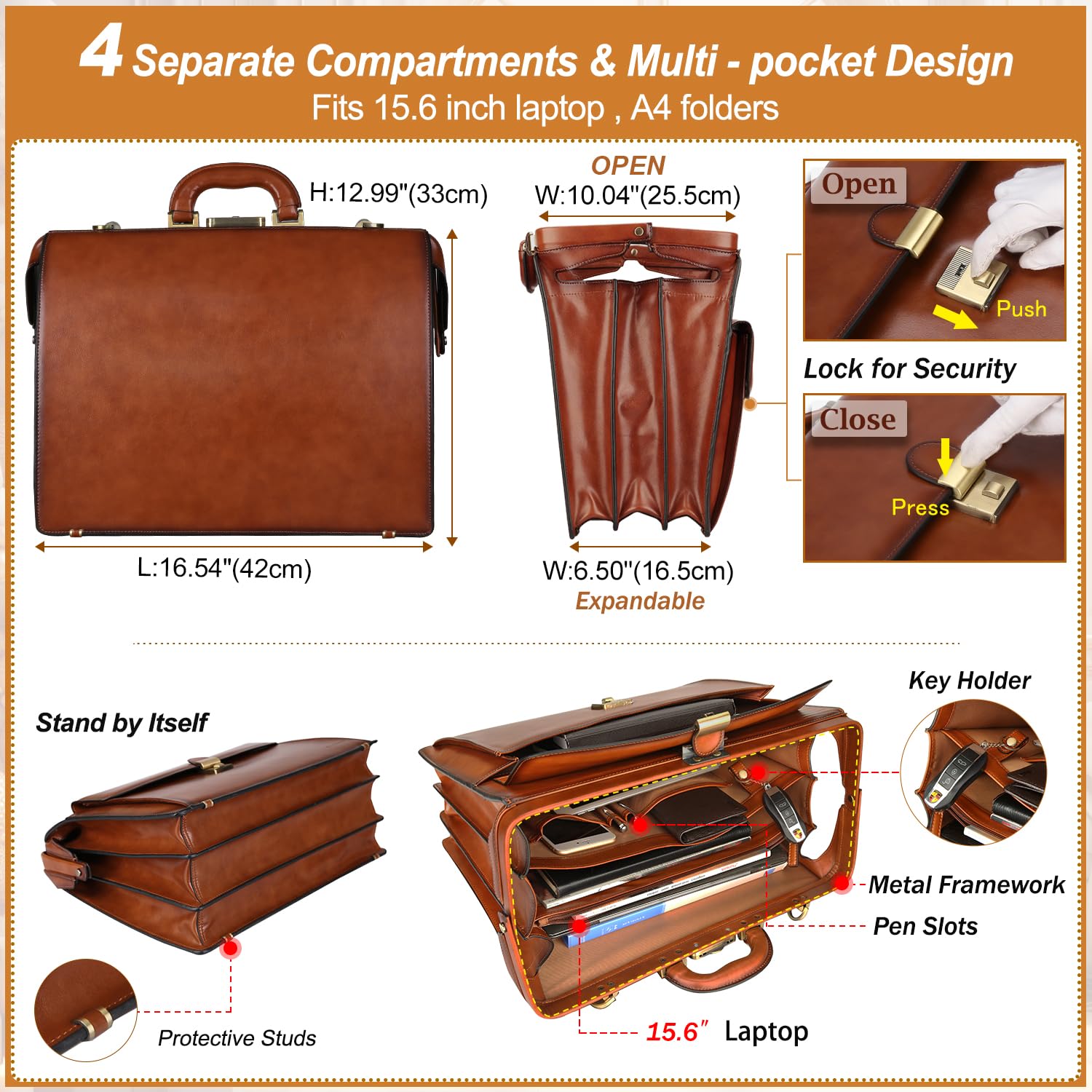 Banuce Maletín de cuero para hombres con cerradura de abogado adjunto, funda dura de 15.6 pulgadas, bolsa de abogado, bolsa estilo médico