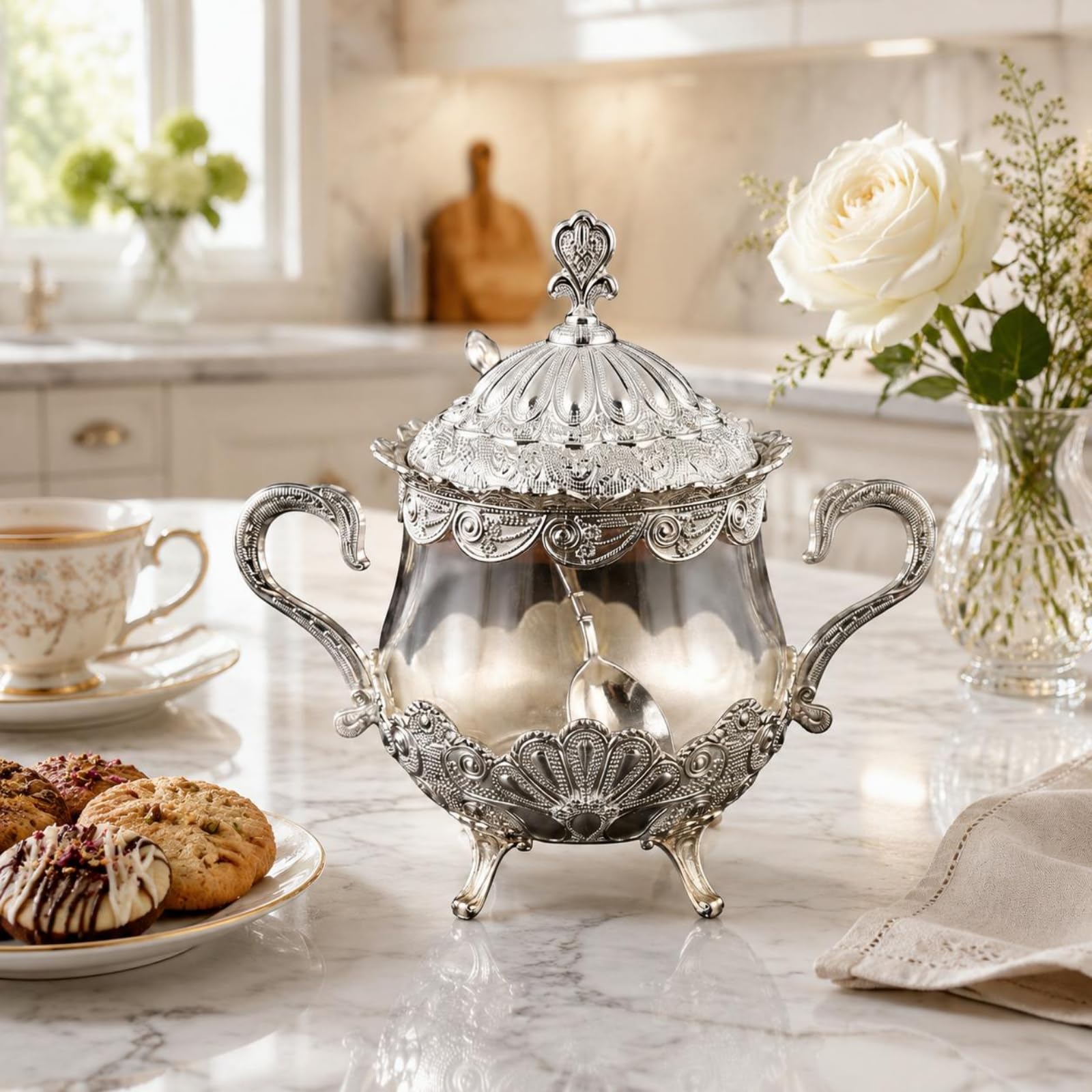 Zuccheriera con Coperchio Stile Europeo Zuccheriera Decorata Finitura Finitura Argento Accessorio Tavola per Ristorante, Argento
