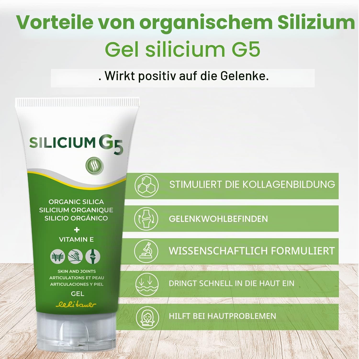 Silicium G5 Gel. Silizium Gel mit Vitamin E regt die Zellen an, Kollagen zu produzieren. Body-Gel für Schmerzen in Gelenken, Muskeln und Knochen, regeneriert und strafft die Haut. 150 ml.