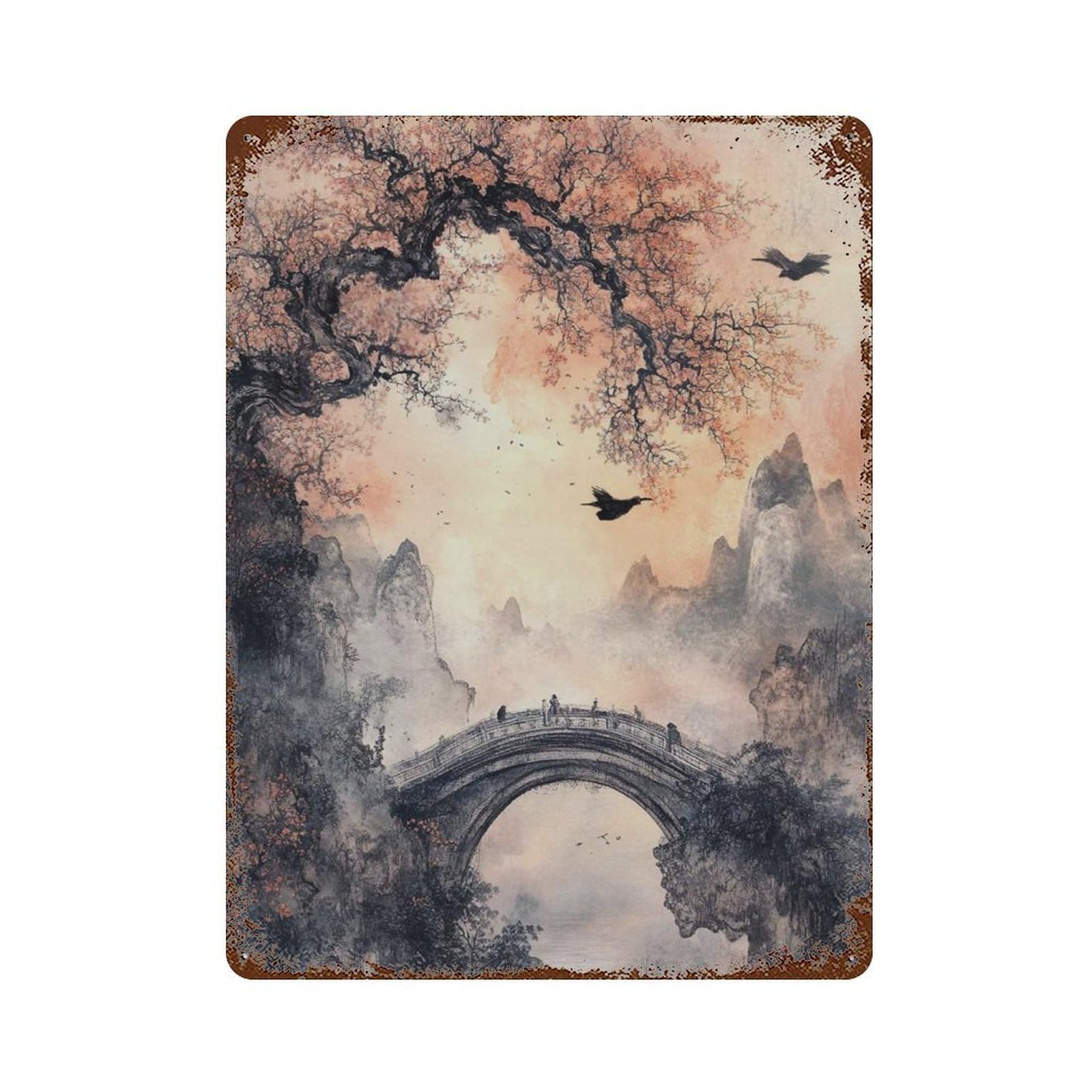 xiaoxiaoshen Misty Bridge Japanese Landscape Tranquil Oriental Ink Wash Style Wall Decor Art Metal Tin Poster Modern Home Decor Art Home Bar Shop Decorations Vintage Sign 40x30cm