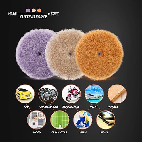 Miniatura 6 de SPTA Almohadillas de pulido de lana, 3 almohadillas gruesas de lana de automóvil de corte medio grueso de 6 pulgadas (5.906 in), con gancho y bucle