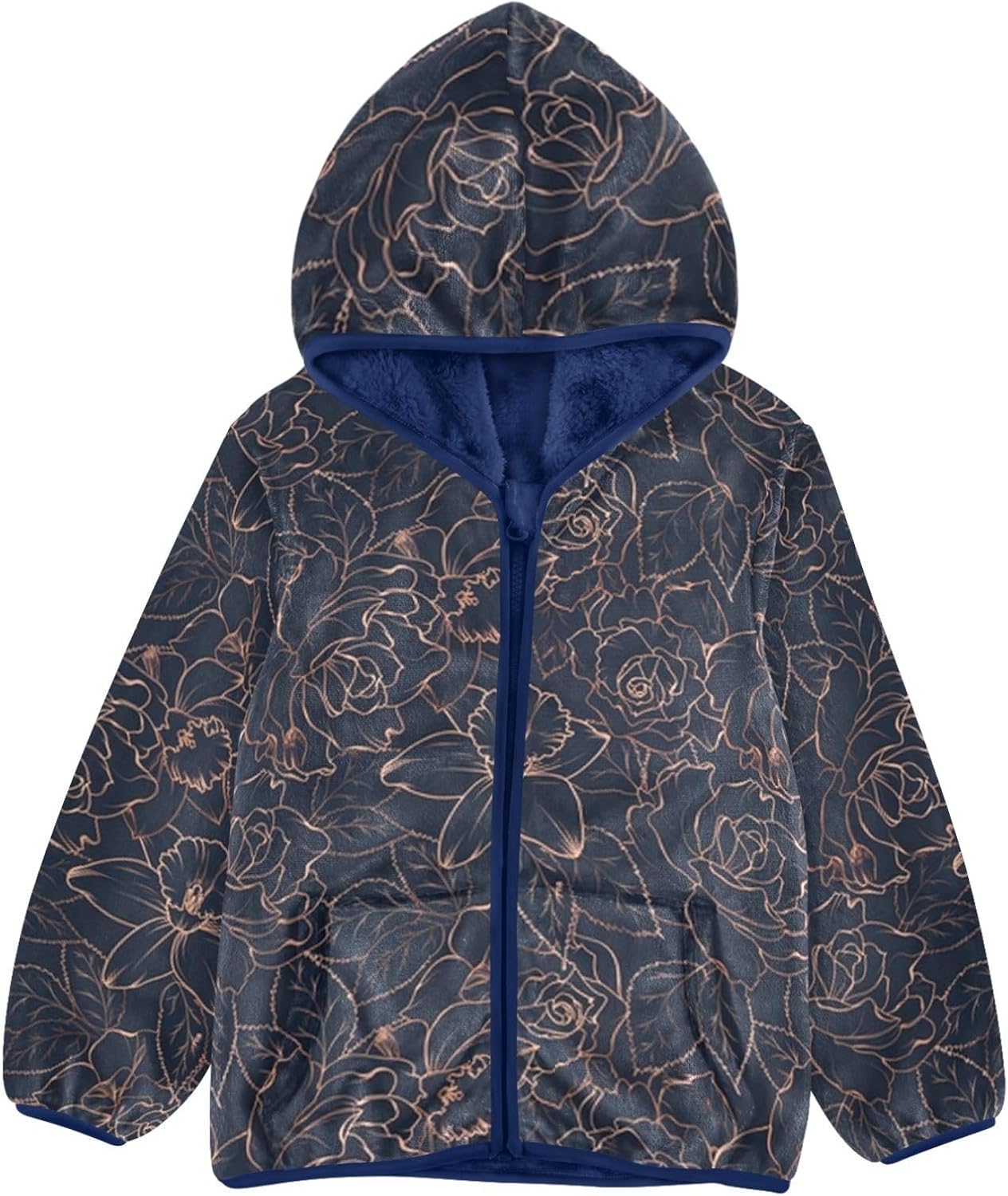 Floral Pattern Toddler Fleece Jacket with Hood Outerwear Jackets Navy Blue Baby Boy Hooded Fleece Jacket