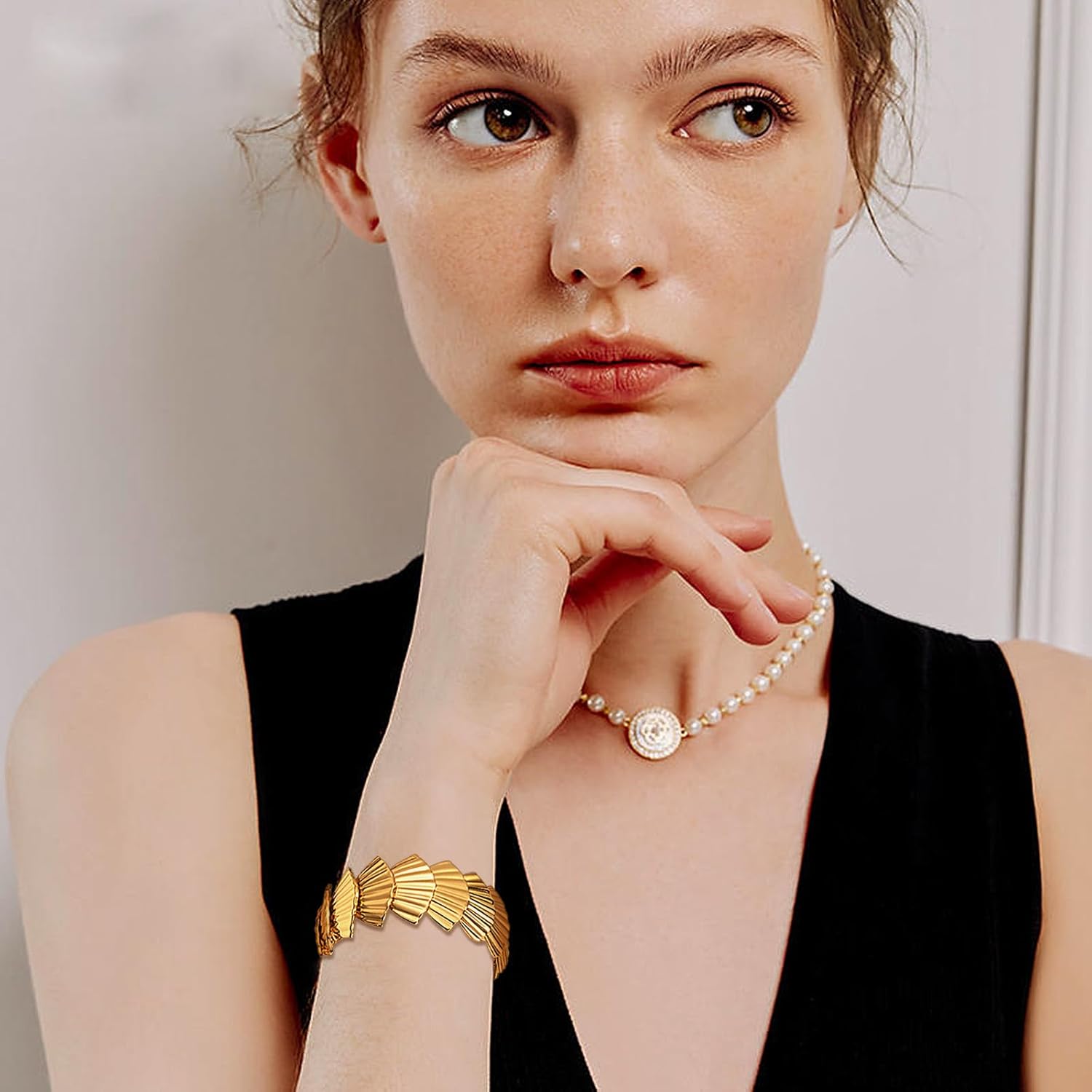 Gold Plated Bangle Bracelets for Women Brass Chain Hinge Cuff Bangles Fashion Chunky Elastic Bracelet - Image 3