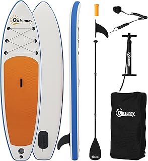 Outsunny Stand Up Paddling Board Set Aufblasbar 305cm SUP Board mit Verstellbares Aluminium-Paddel Abnehmbarer Finne Fußschlaufe rutschfest Deck Rucksack Zubehör, 150kg Paddle Board für Erwachsene