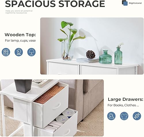 Miniatura 4 de DUMOS - Paquete de 2 cómodas pequeñas para usar como mesitas de noche con 2 cajones de tela, mesa auxiliar, mueble de almacenamiento de 20 pulgadas