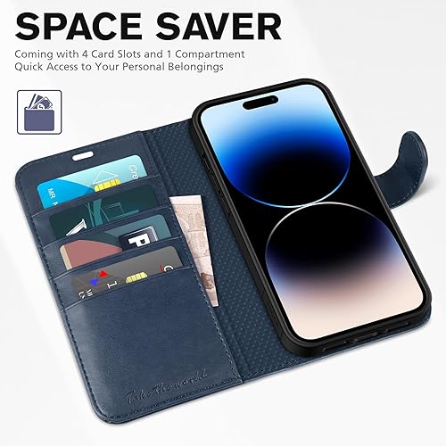 Miniatura 8 de TUCCH Funda para iPhone 14 Pro Max, carcasa interior de TPU a prueba de golpes, piel sintética bloqueo RFID 4 tarjeteros magnéticos, funda