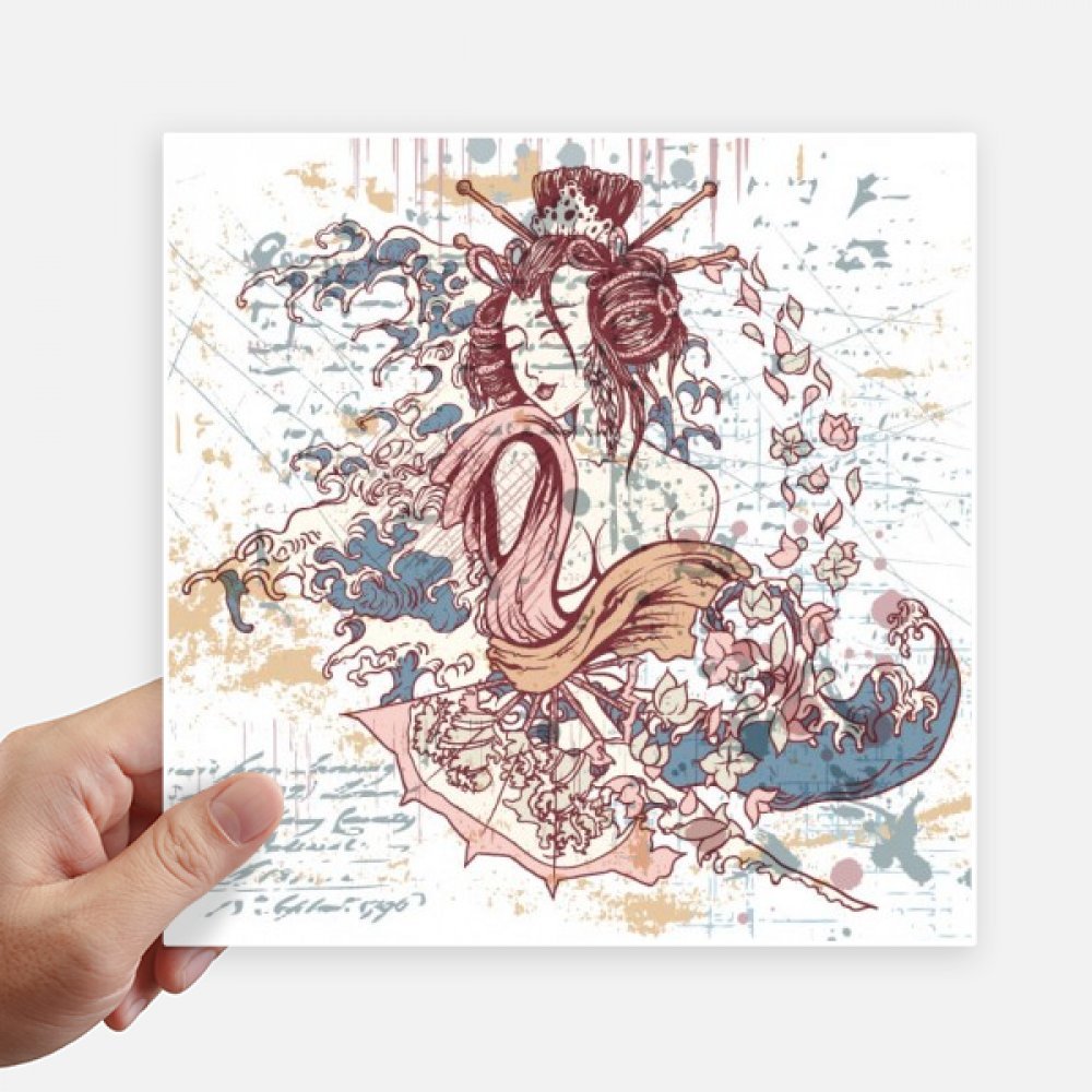 Autocollant Japon vagues et geisha carré 20 cm pour valise et ordi
