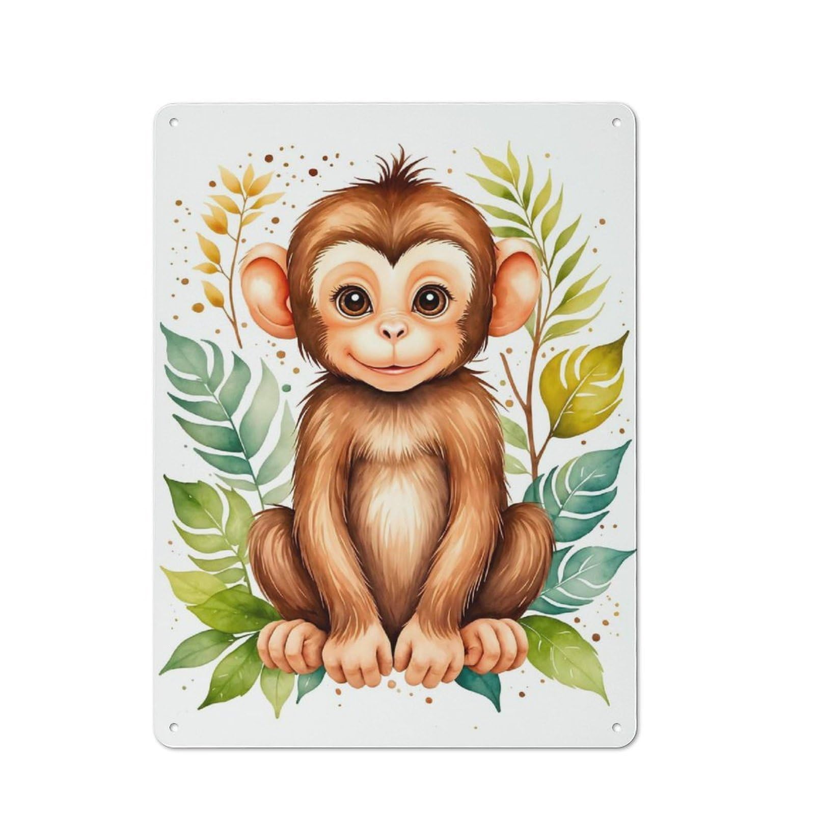 Junmoney Style-17 Metal Wall Sign 40X30cm Featuring Cute Monkey Watercolor For Workshop Wall, For Room Styling Across Workshops And Hobby Rooms
