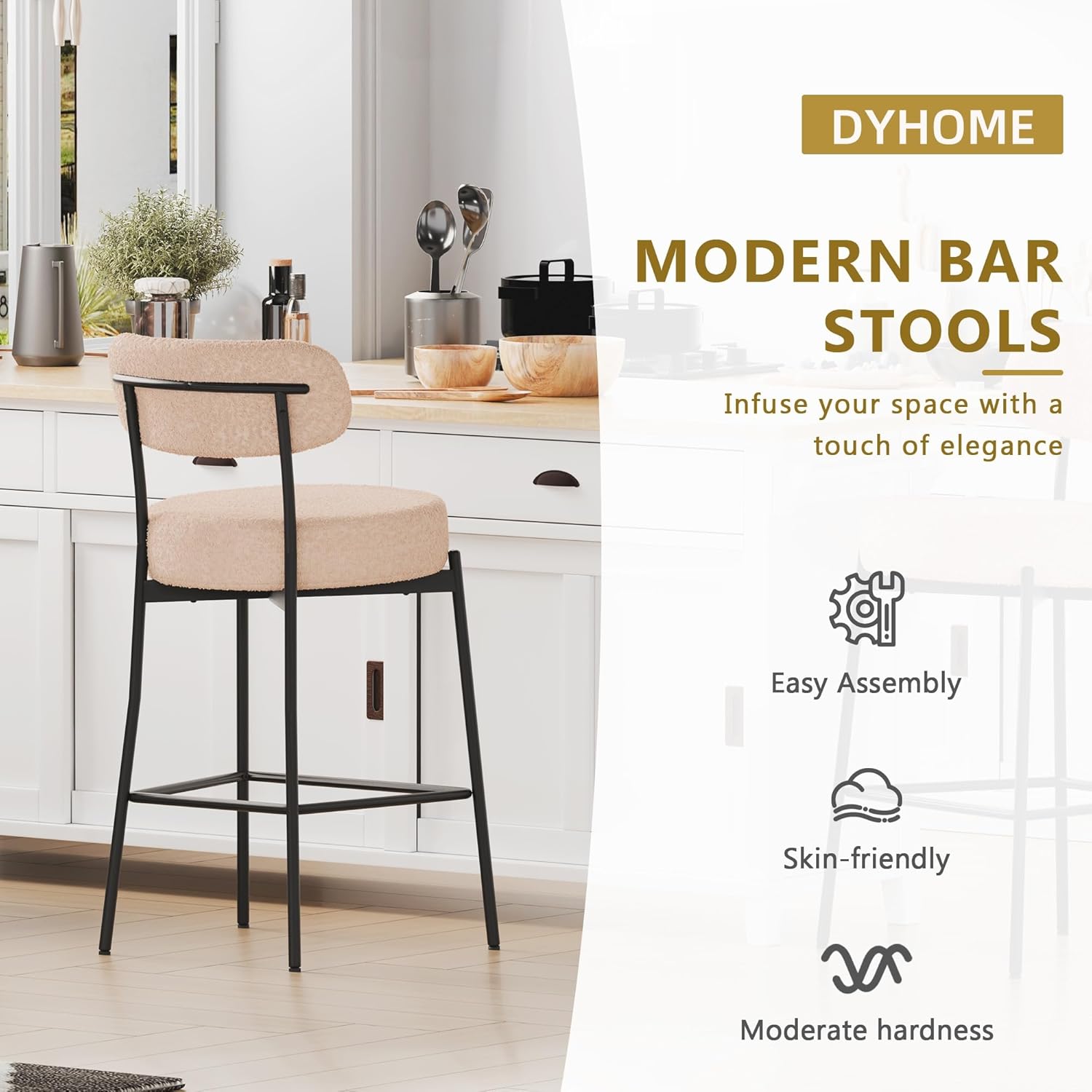 DYHOME 28 inch Bar Stools Set of 3, Modern Boucle Counter Hight Bar Stools, Beige Barstools with Back, Mid-Century Modern Bar Chairs for Kitchen Island, Dining Room,Club