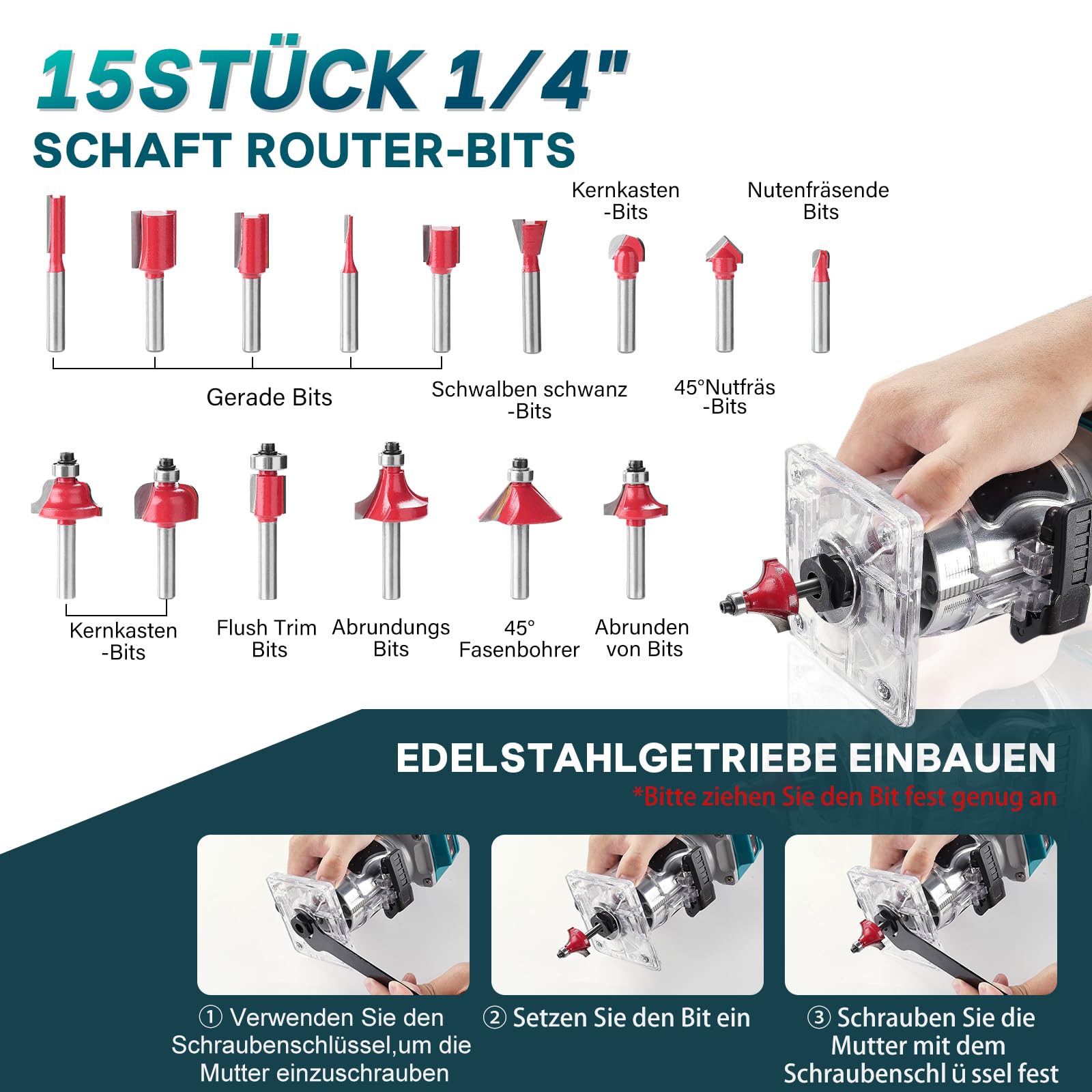 Fresatrice verticale a batteria, 21V Fresa legno con 2PCS 4.0Ah Batterie, 33000 giri/min Fresatrice a motore senza spazzole, 6 velocità Trimmer con 15 Pinze Mandrini 1/4"