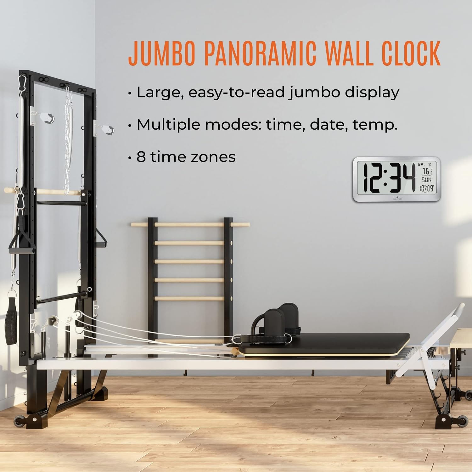 MARATHON Slim Jumbo Panoramic Atomic Wall Clock with Date & Temperature, Graphite Gray - Large 17-Inch Display - AM/PM or 24-Hour Time Format, Eight Time Zones - Four AA Batteries Included