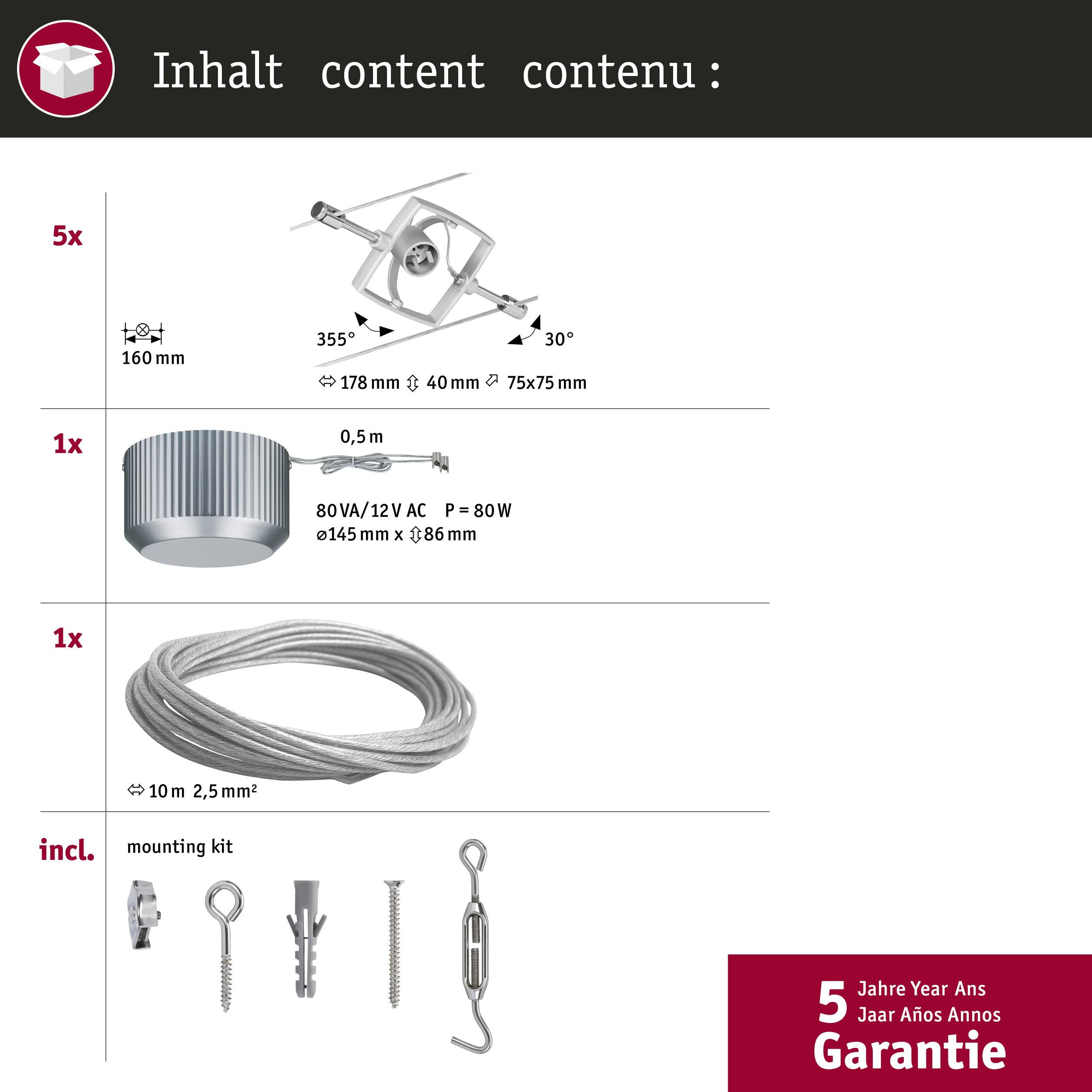 Paulmann 94133 Système de Câbles Mac II Set Extensible 5x10W max, Chrome Mat Système sans Ampoules