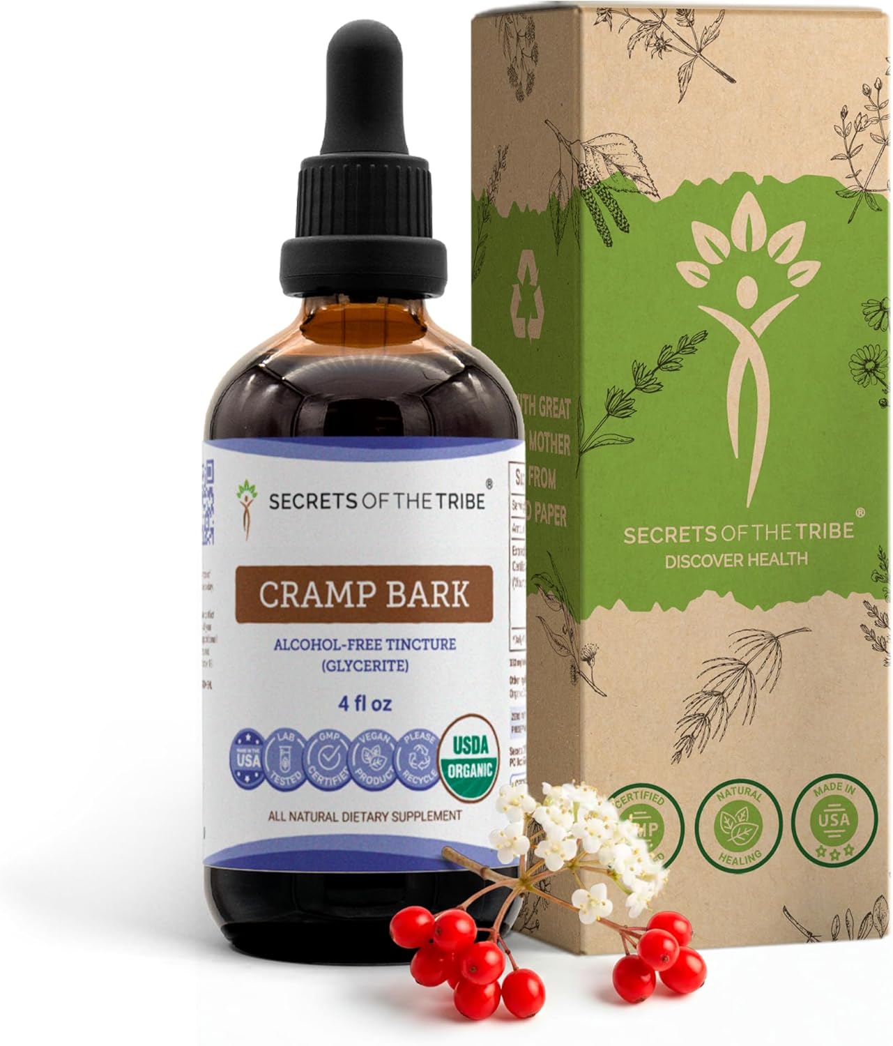 Secrets of the Tribe Cramp Bark USDA Organic | Alcohol-Free Extract, High-Potency Herbal Drops | Made from 100% Certified Organic Cramp Bark (Viburnum Opulus) Dried Bark 4 oz