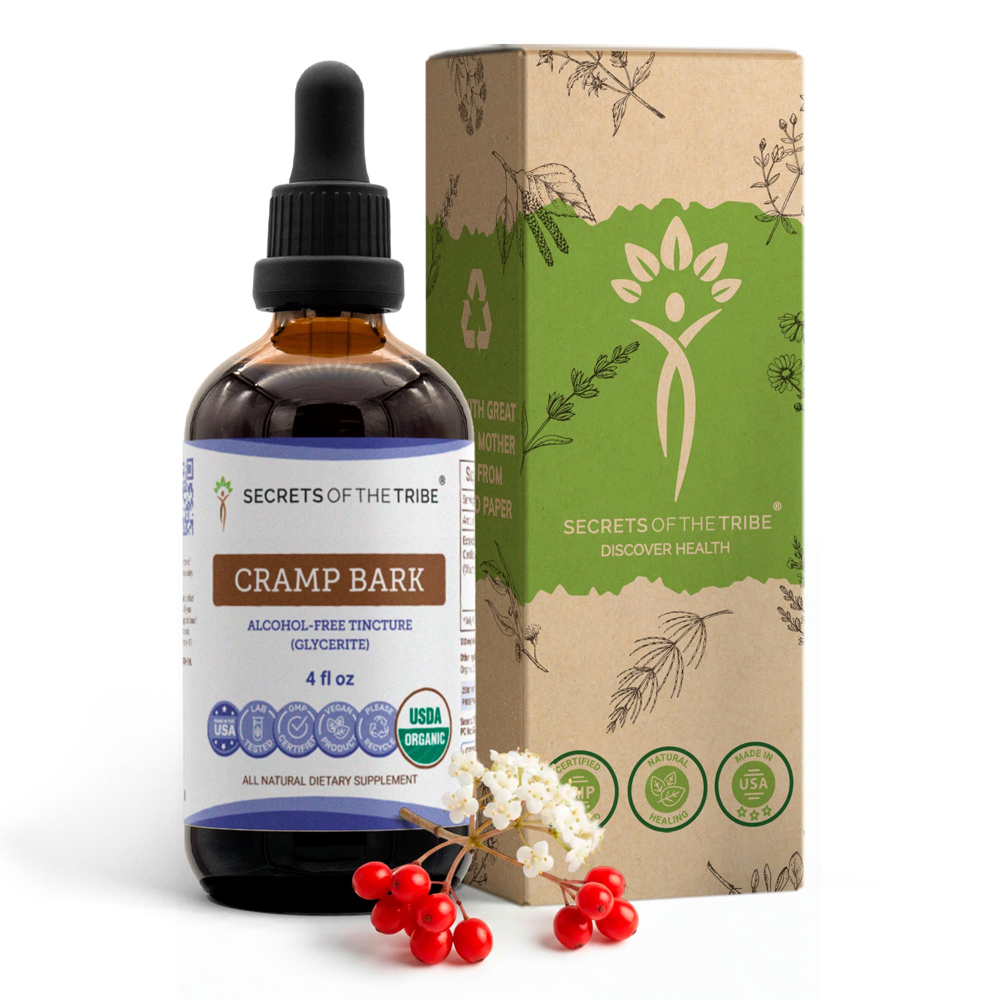 Secrets of the Tribe Cramp Bark USDA Organic | Alcohol-Free Extract, High-Potency Herbal Drops | Made from 100% Certified Organic Cramp Bark (Viburnum Opulus) Dried Bark 4 oz