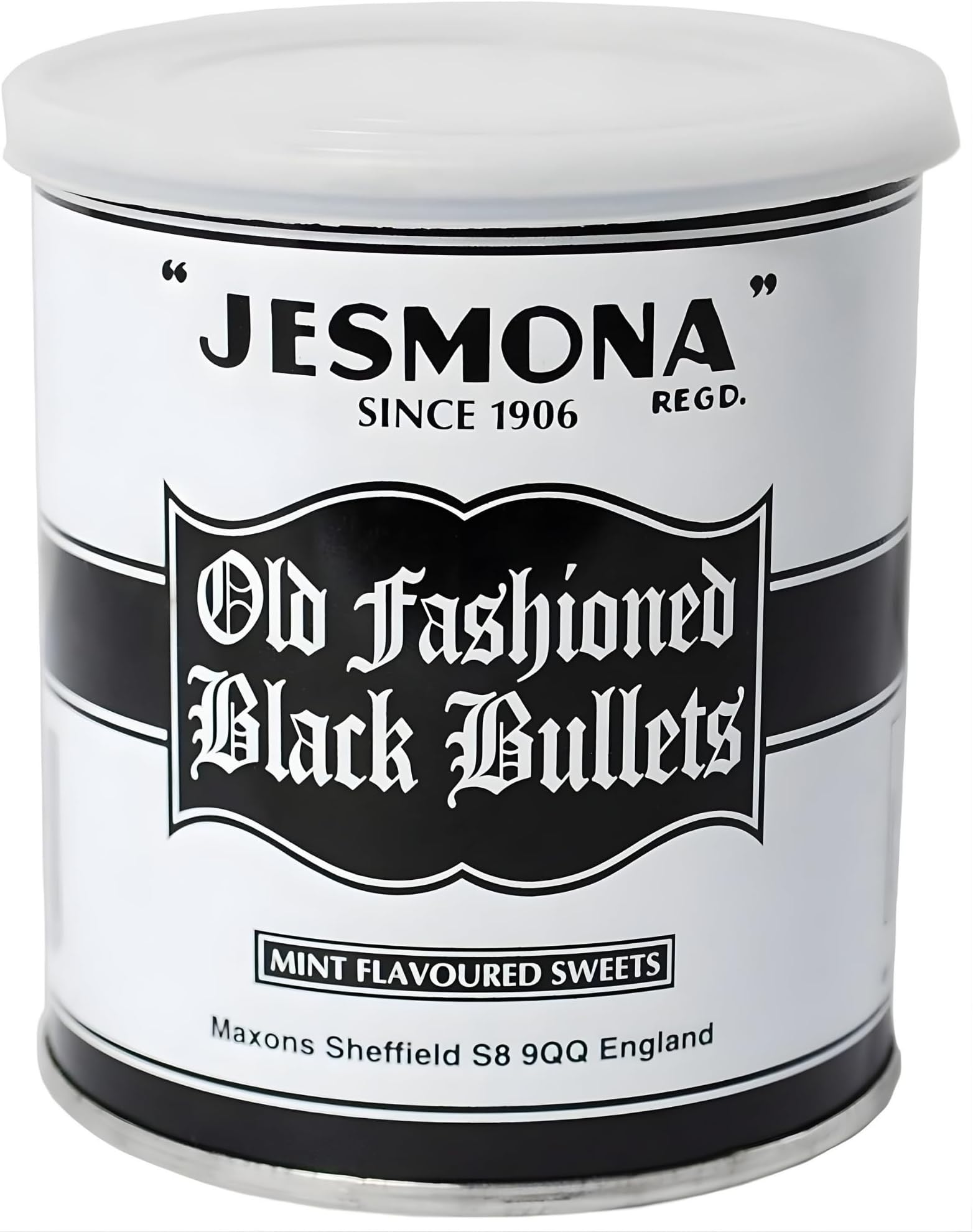 Jesmona Old Fashioned Black Bullets 250g (8.8 Oz) - Mint Flavored British Hard Candy Gift Tin, Peppermint Balls English Boiled Sweets, Travel Sweet & Imported Confectionery Treat from England, UK