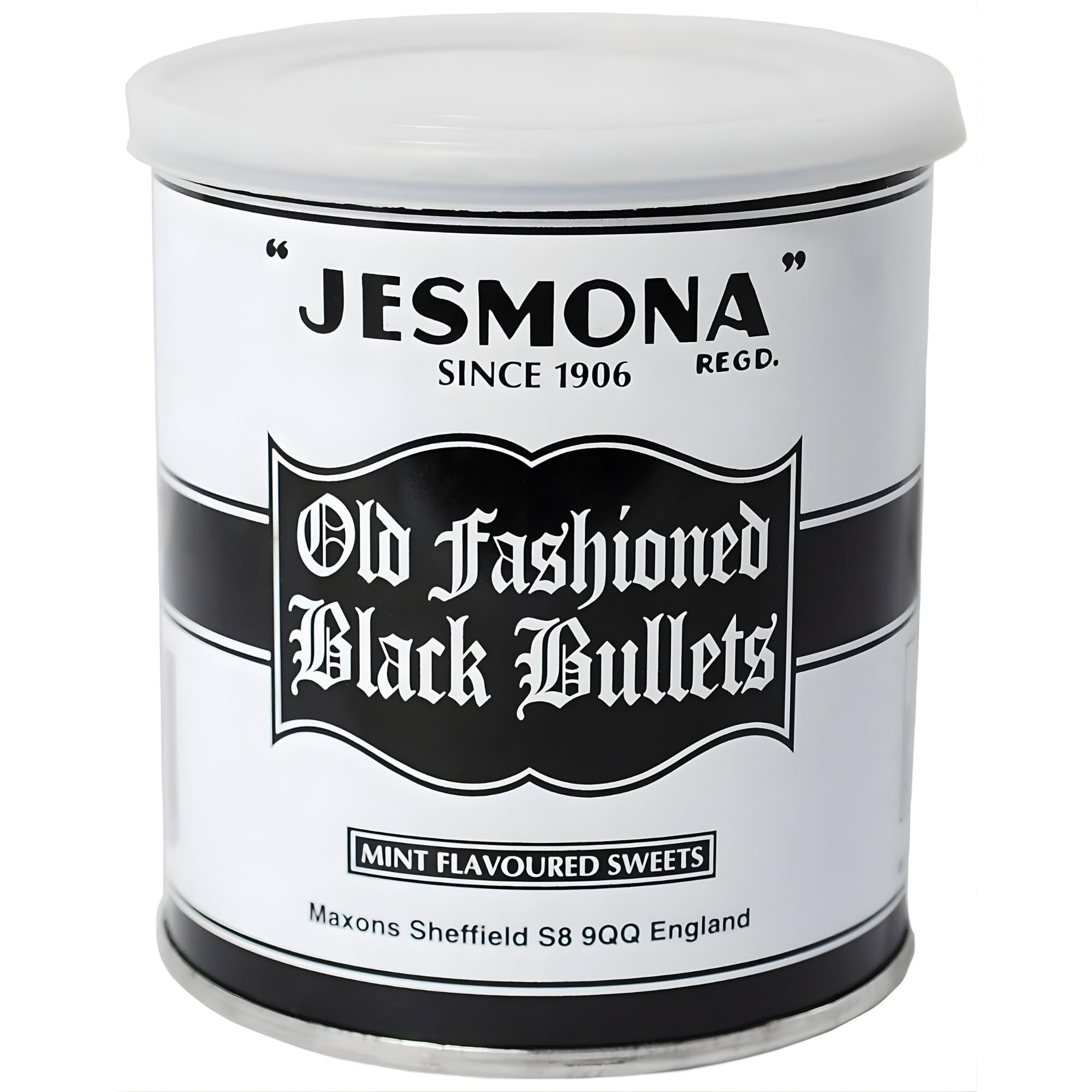 Jesmona Old Fashioned Black Bullets 250g (8.8 Oz) - Mint Flavored British Hard Candy Gift Tin, Peppermint Balls English Boiled Sweets, Travel Sweet & Imported Confectionery Treat from England, UK