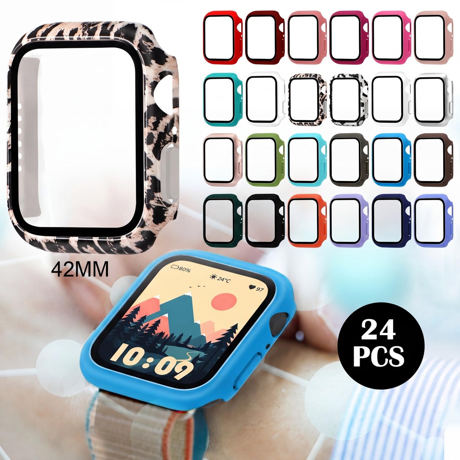 Sieral Juego de 24 protectores de pantalla para reloj inteligente, carcasa rígida de policarbonato con cubierta protectora de pantalla de vidrio templado, compatible con iWatch para hombres y mujeres,