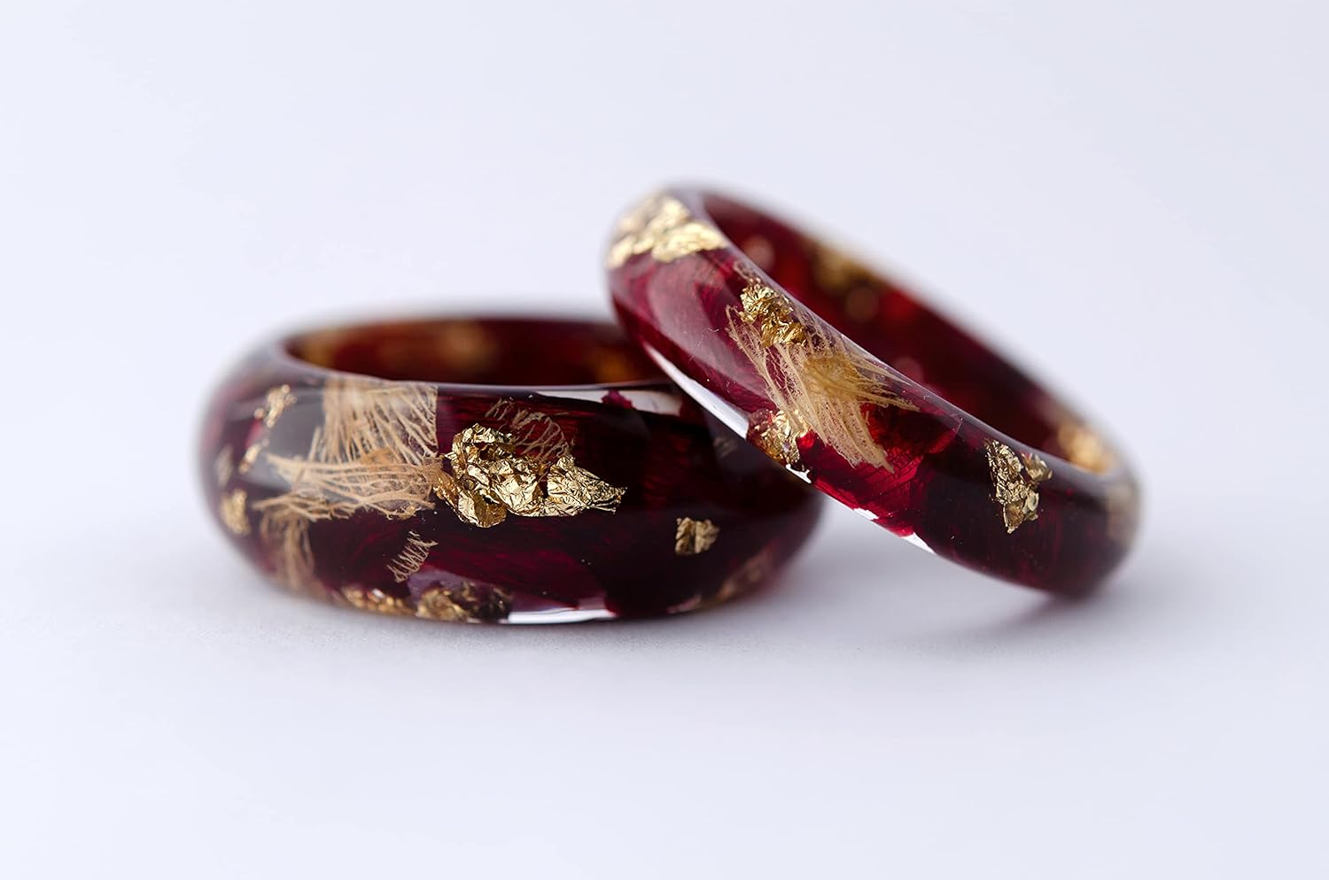 Eco Resin Ring with Burgundy Tulip Petals and 24K Gold. Bohemian Resin Ring.