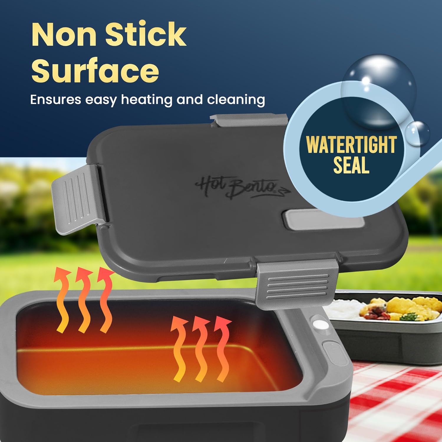 Hot Bento PLUS Self Heated Lunch Box and Food Warmer Removeable Battery Powered, Portable, Cordless, Hot Meals for Office, Travel, Jobsite, Picnics, Outdoor Recreation, Kitchen Meal Prep (Ebony)