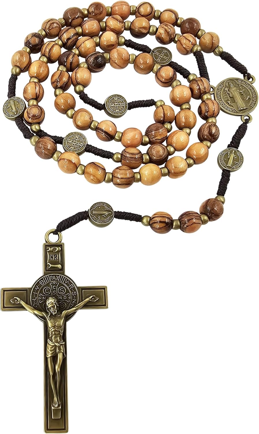 TALISMAN4U St Benedict Crucifix Olive Wood Rosary Beads Catholic Necklace for Men Bronze Saint Benedict Medals Vintage Handmade Rosaries Rosario Catolicos Para Hombre Religious Gift Box & Prayer Card - Image 3