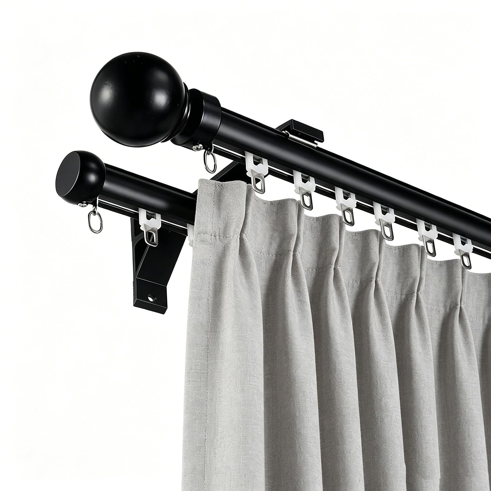 Jixcjhj Black Double Curtain Track For Windows, Wall Mounted Silent Heavy-Duty Aluminum Curtain Rail Rod Decorative Round Finials For Living Room, Bedroom, Office(,1M/3.3Ft)