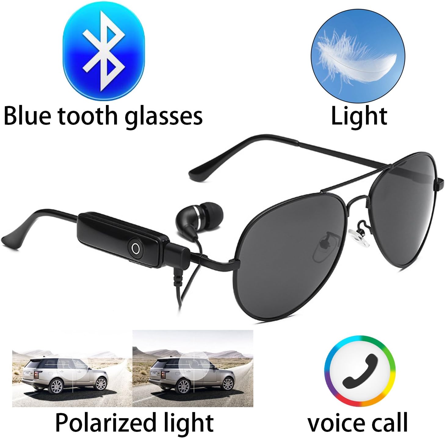 Bluetooth Wireless Invisible Headset Glasses Sunglasses Waterproof Smart Song Artifact 2 Color Microphone Phone … (Round Sunglasses)