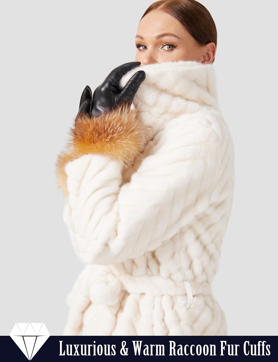 VIKIDEER Super Warm Fur Lined Leather Gloves Women Raccoon Fur Cuffs Luxurious Touchscreen Texting Driving - Image 2