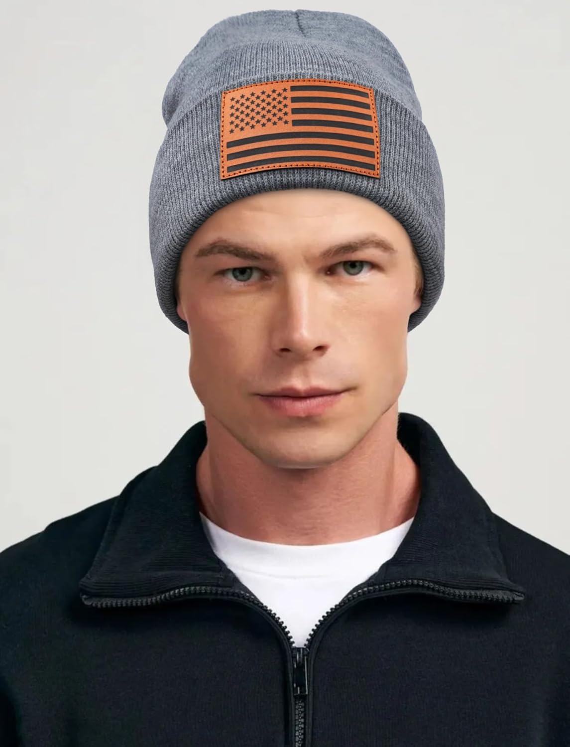 American Flag Beanie for Men Women - Leather USA Flag Patch, Cuffed Beanie for Tactical Winter Warm Hat - Image 3