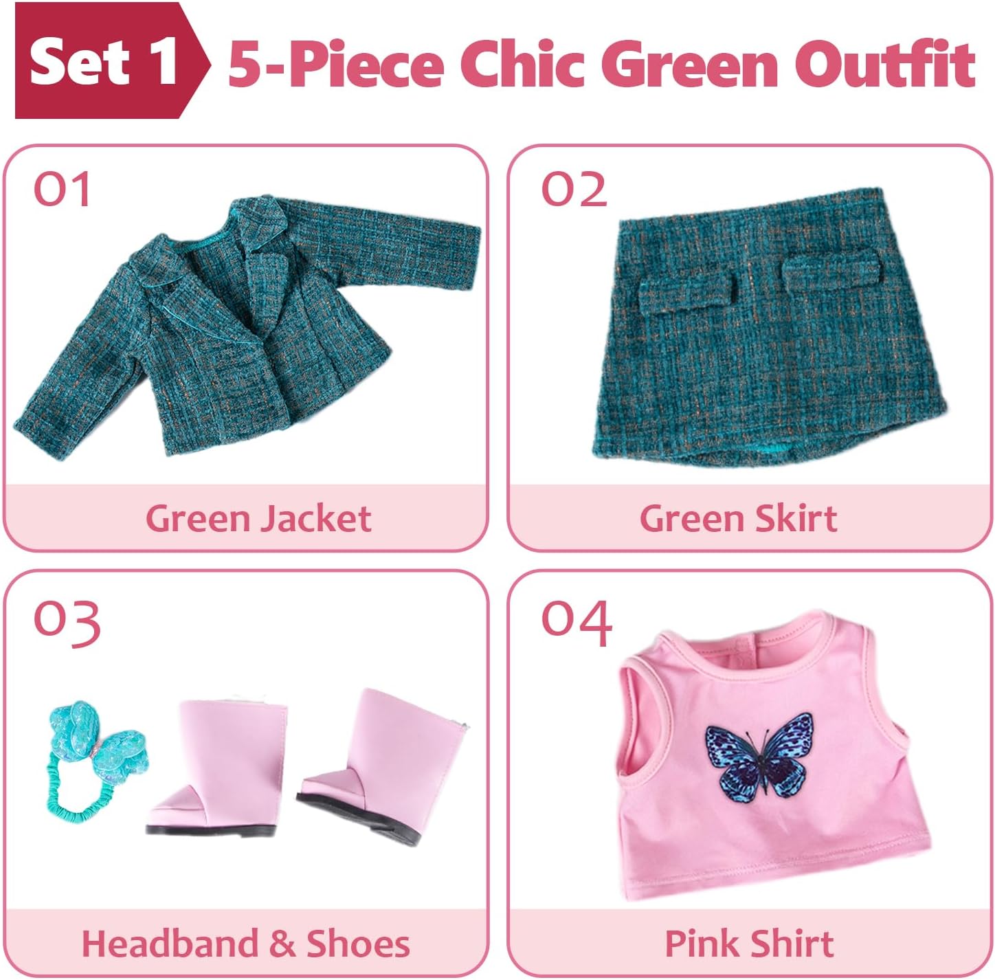 Rakki Dolli 18 Inch Doll Clothes 3 Outfit Sets for American Girl Dolls,11 Pcs Clothes Accessories with Jacket,Dress,Robe,Skirt,Tops,Underwear,HairClips,Shoes(Doll Not Included)