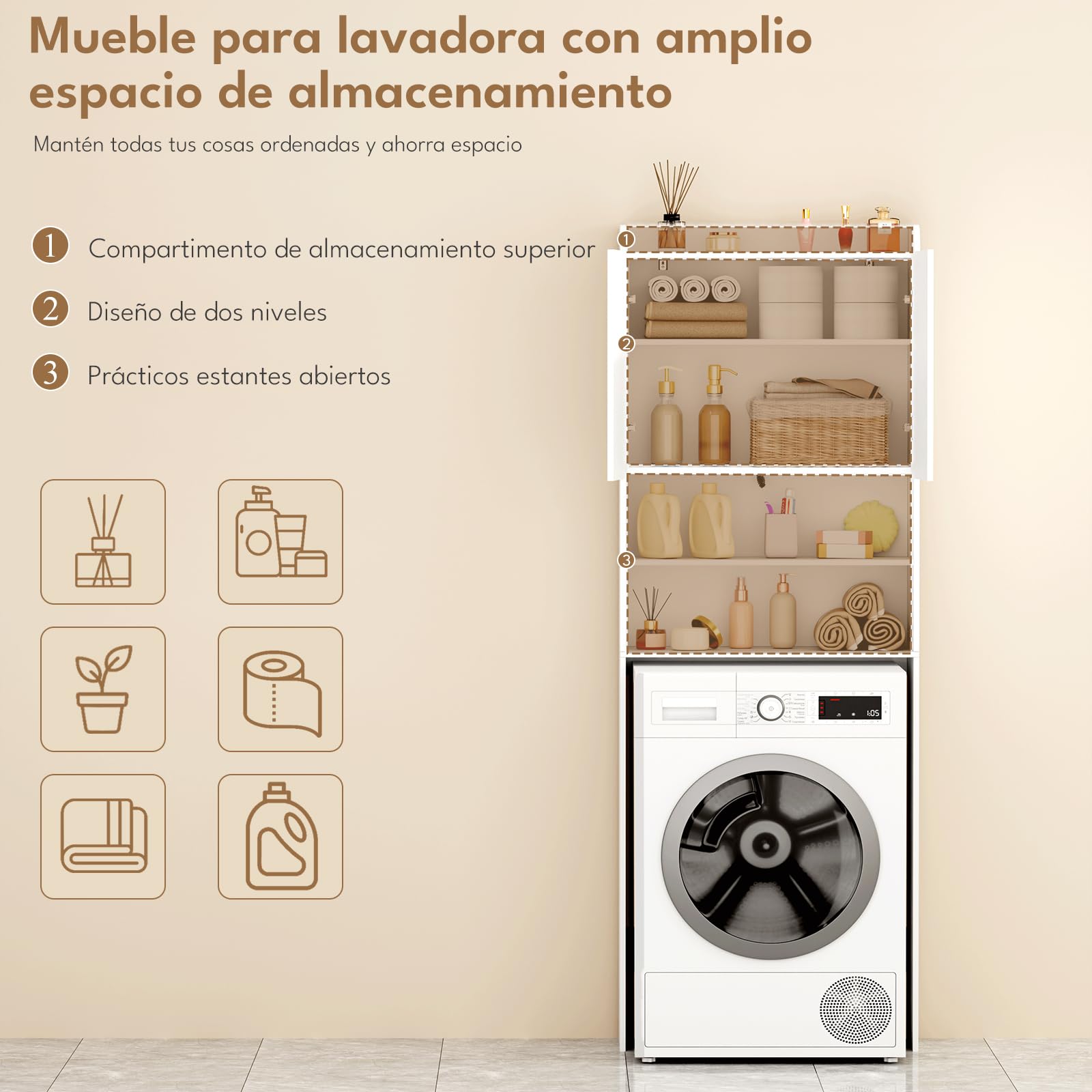 BEWISHOME Estantería sobre Lavadora,Mueble para Lavadora con Estantes Ajustables,2 Puertas y 2 Espacios Abiertos,Armario instalable sobre Lavadora,Inodoro y Secadora,24×65×185 cm,Blanco EYYG19W