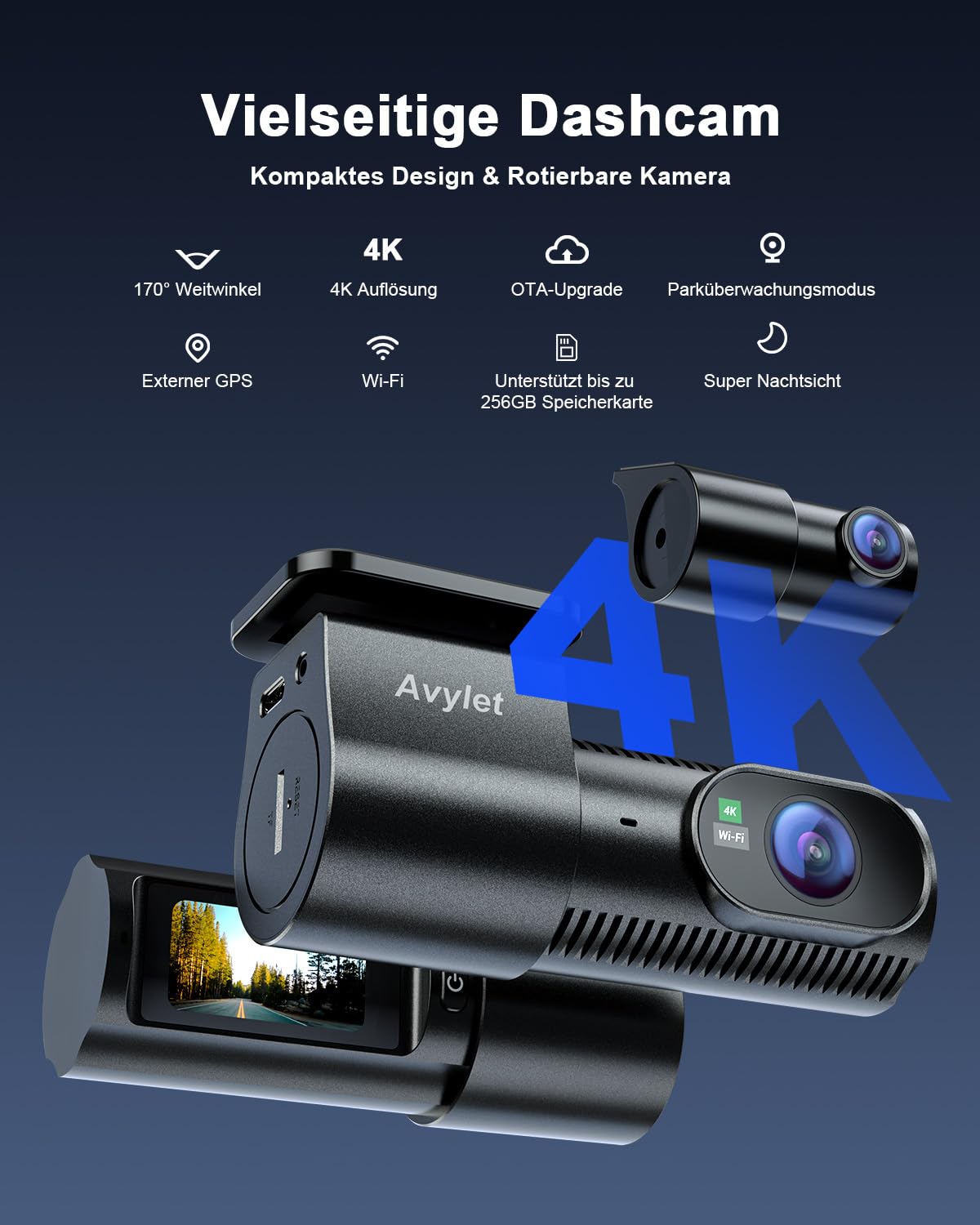 Avylet 4K+1080P Dash cam Mini Dual 5G WiFi Front Rear Camera | 1.5" IPS, Parküberwachung, WDR Super Nachtsicht, G-Sensor, OTA, Dashcam ext.GPS, 170°Weitwinkel, Dashcam Auto Vorne Hinten