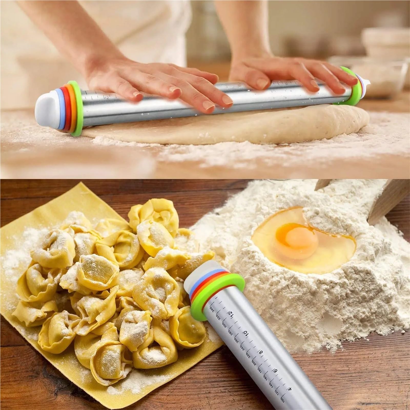 Tapete De Silicona Para Hornear Rodillo de acero inoxidable 43 cm (17 pulgadas) ajustable, tapete silicona for hornear, ideal for masa galletas, pasteles, pizza y tartas(Red Set)